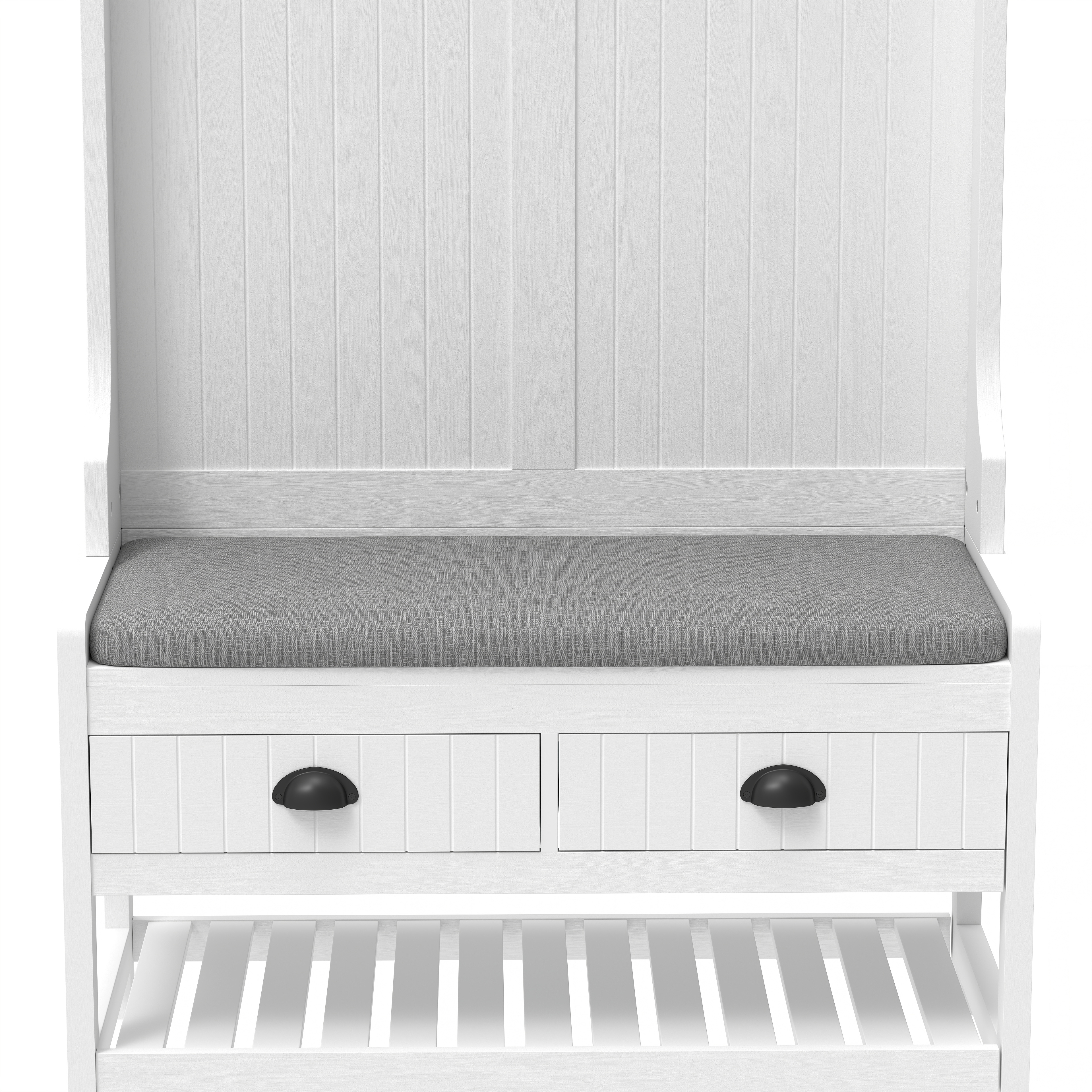 3-in-1 Hallway Hall Tree with 2 Storage Drawer and 4 Coat Rack, Wooden Entryway Shoe Rack Bench with Padded Seat Cushion, Mudroom Bench with Top Storage Shelf 