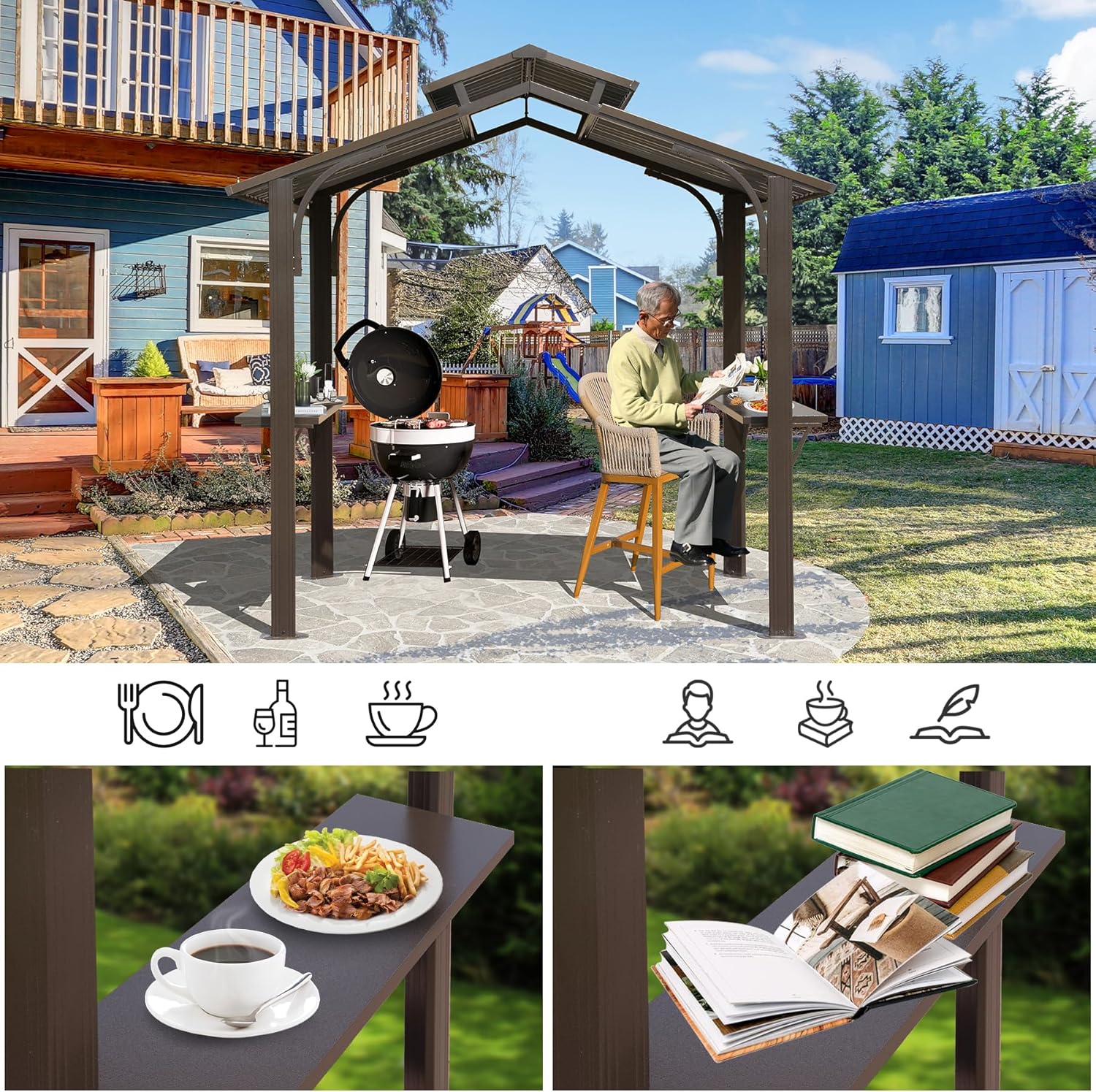 Hardtop Grill Gazebo, Outdoor BBQ Gazebo with 2 Side Shelves and Sloping Galvanized Steel Roof, Metal Permanent Grill Canopy with Ceiling Hooks for Patio, Lawn, Backyard, Deck