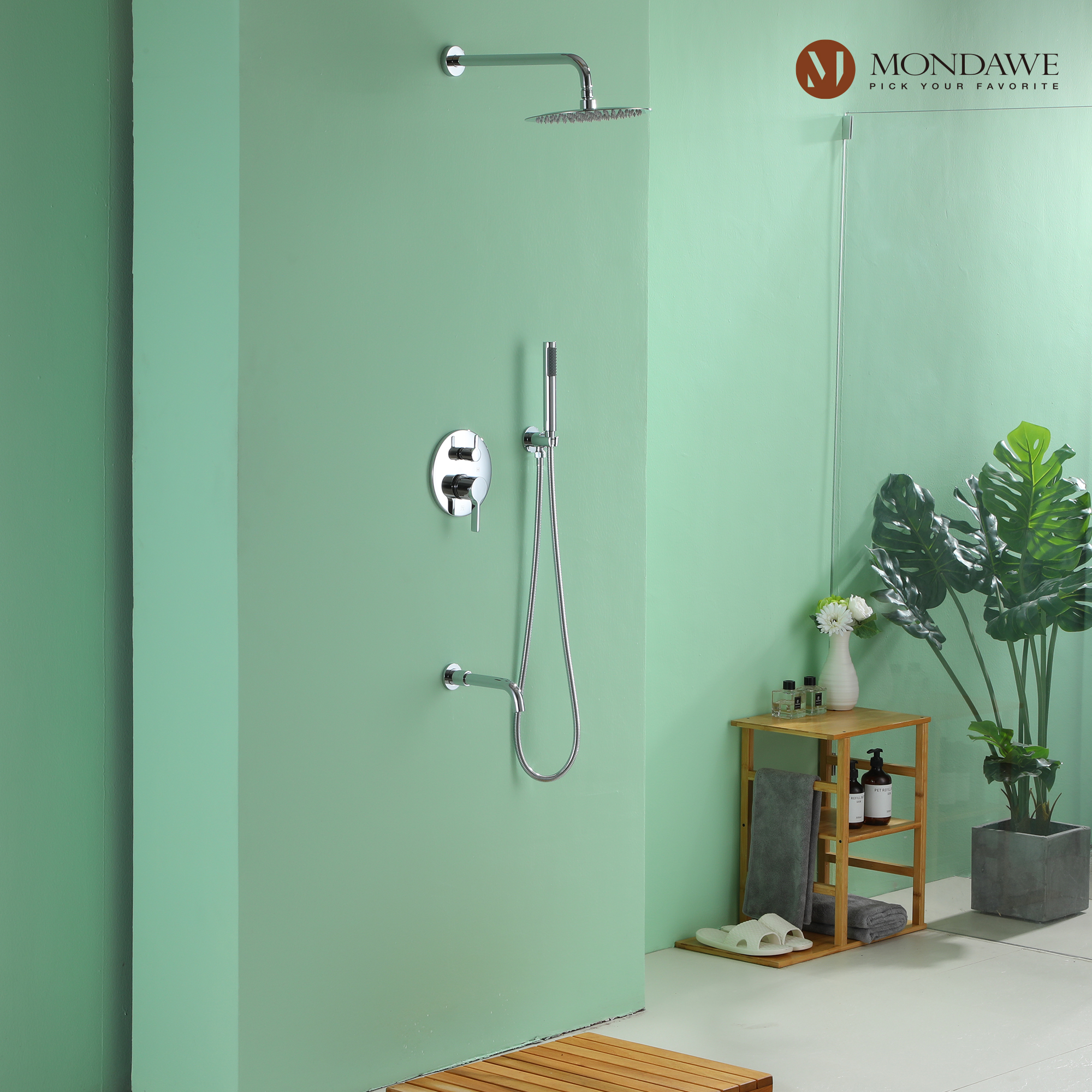 Mondawe Three function Pressure Balance Shower Set with 10 in Round Shower Head(5 color, Valve Included)-Mondawe
