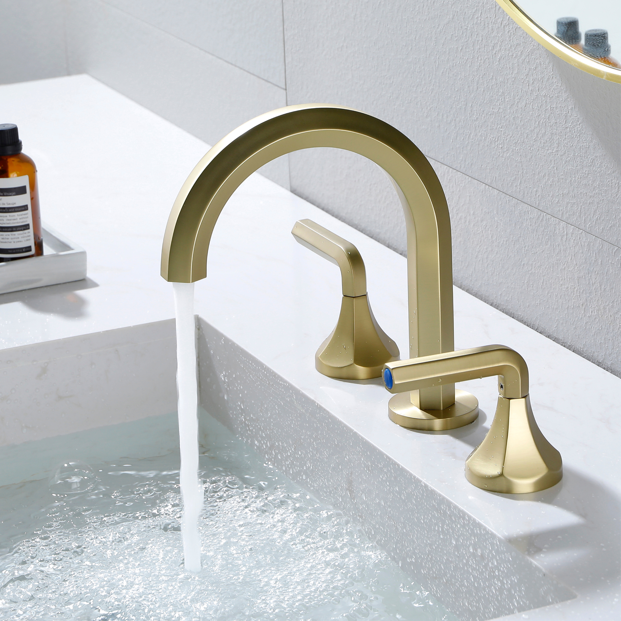 Hexagon 8 In Widespread Double-Handle Brass 3-Hole Widespread Bathroom Sink Faucet Bath Faucets-Mondawe