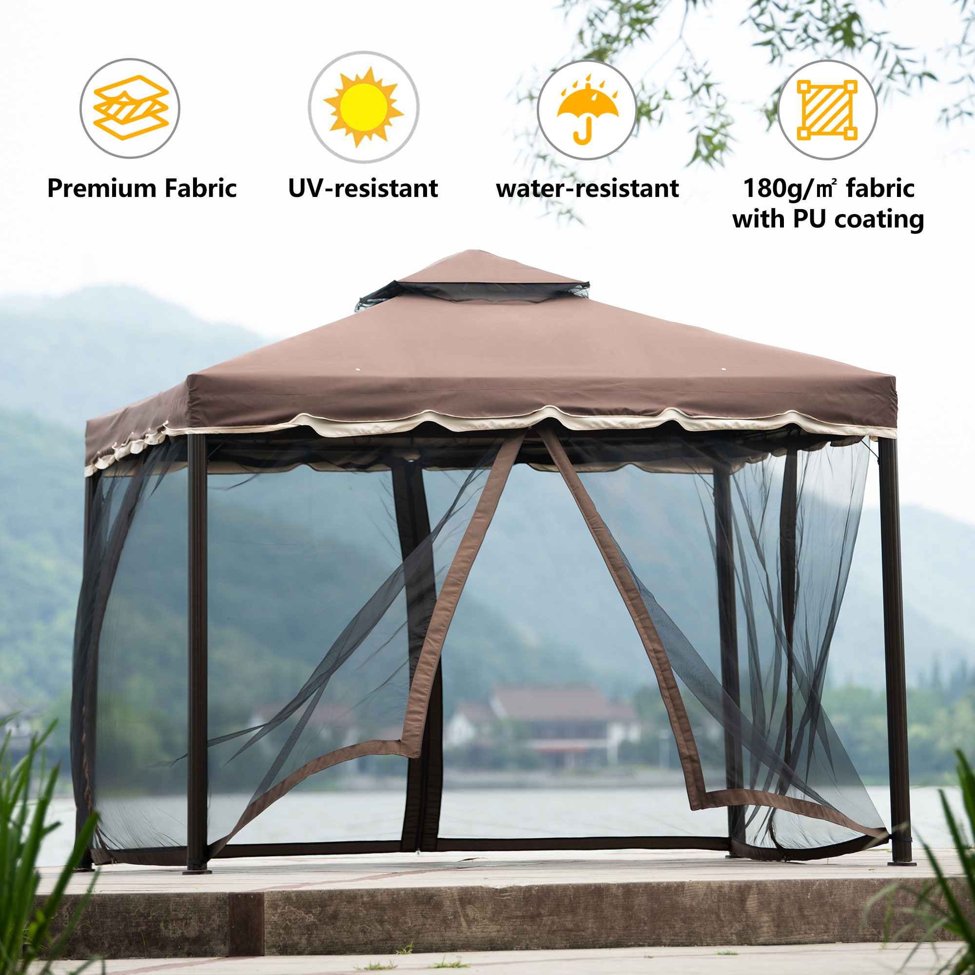 Mondawe 9.8Ft. Wx9.8Ft.L Outdoor Iron Vented Dome Top Patio Gazebo with Netting for Backyard Poolside and Deck Brown-Mondawe