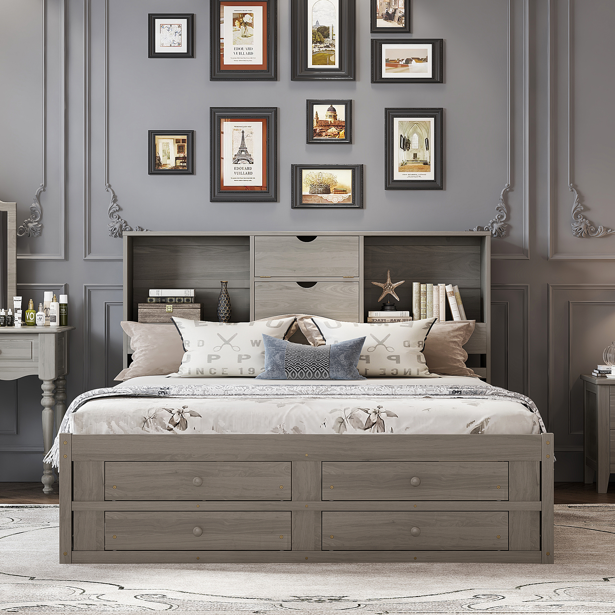 Queen/King Size Platform Bed with Storage Headboard and 8 Drawers, White/Gray