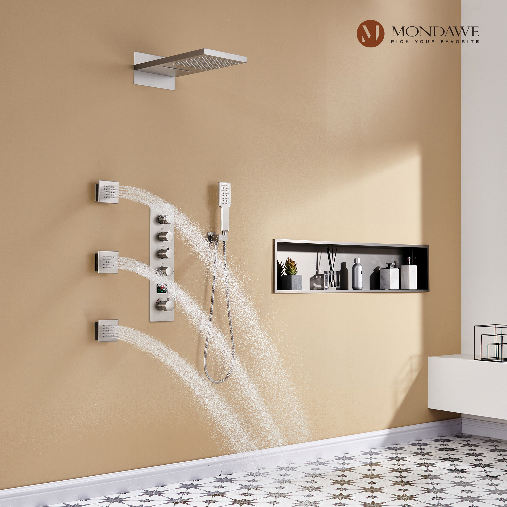 Mondawe Luxury Rain Dual Shower Heads Wall Mounted 22 in. with Digital Temperature Display 4 Spray Patterns Thermostatic and 3 Body Jets-Mondawe