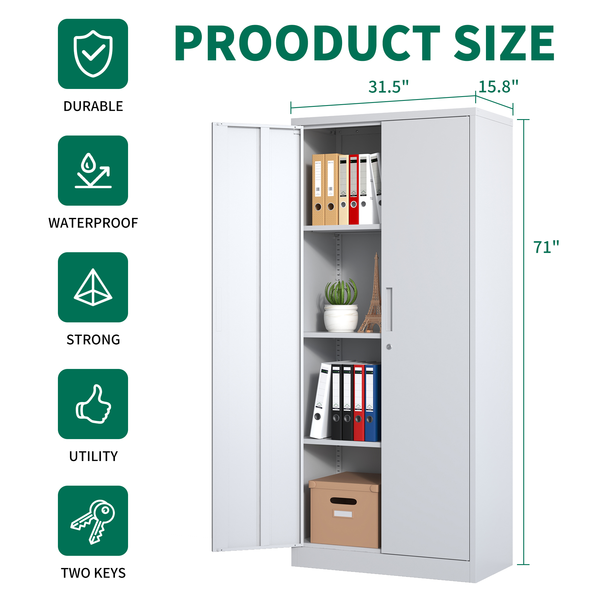 71"H Metal Garage Storage Cabinet, Black/White Tool Steel Locking Cabinet with Doors and 3 Shelves, Tall Cabinets for Garage Storage Systems Lockable File Cabinet for Home Office