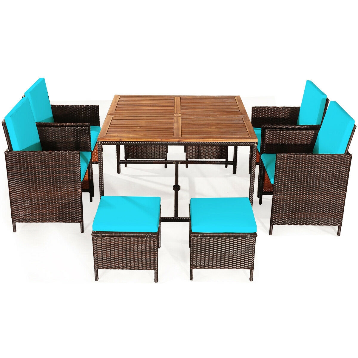 Mondawe 9PCS Patio Rattan Dining Cushioned Chairs Set-Turquoise-Mondawe