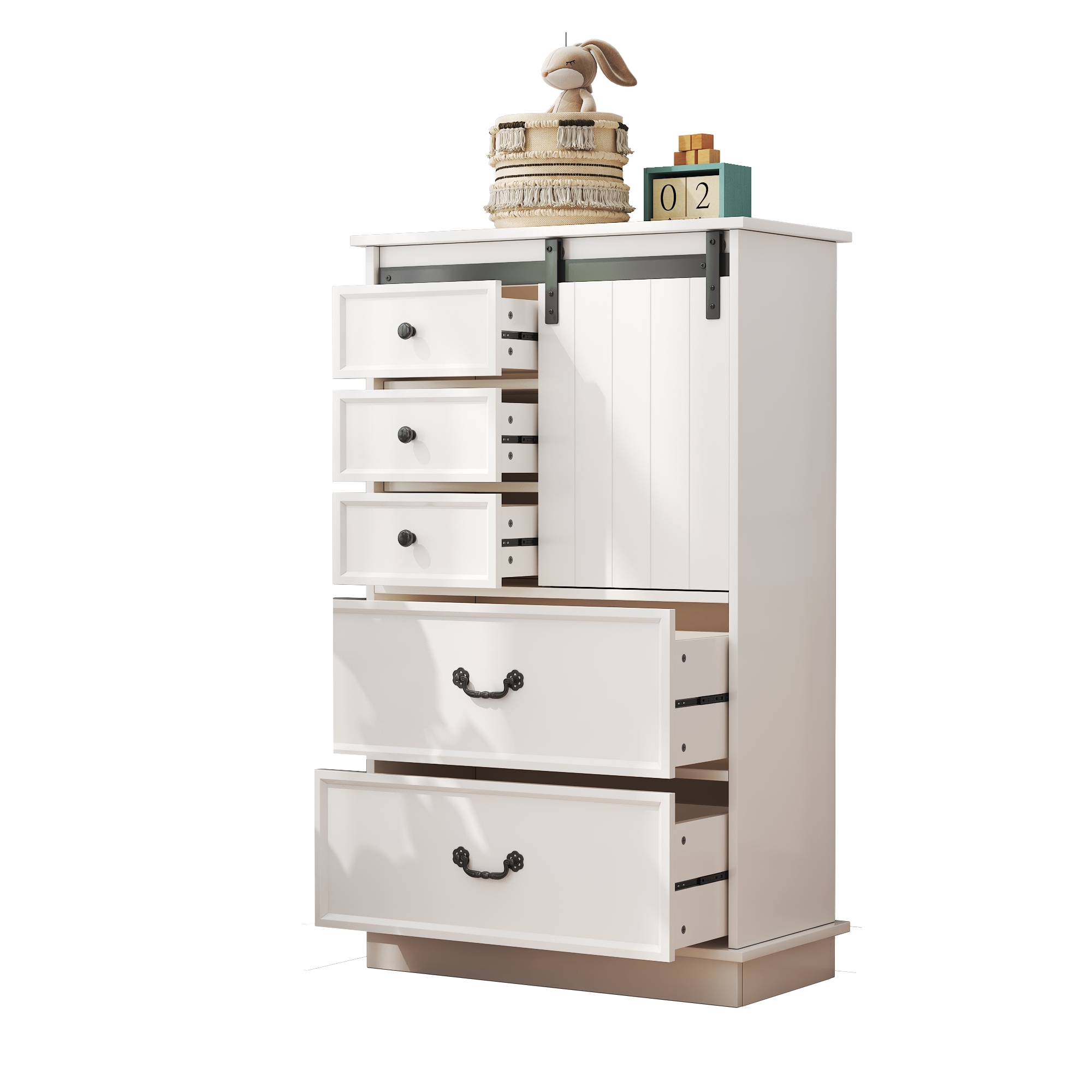 51'' Farmhouse Drawer Chest with Sliding Door, Multi-Storage Drawer Dresser with 5 Drawers and Storage Shelf, Tall Chest of Drawers with Adjustable Shelves for Bedroom, Living room 