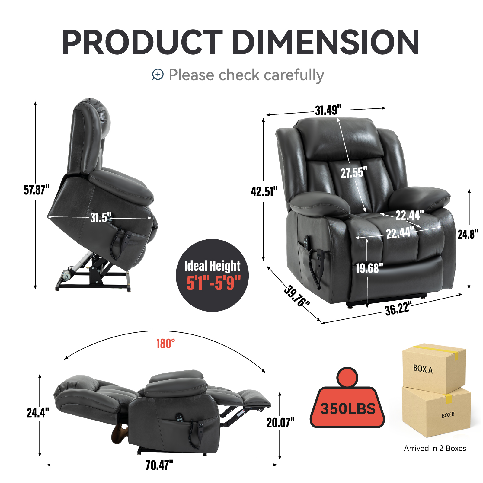 Dual Motor Infinite Position Up to 350 LBS Electric Medium size Brown/Gray/Black/Antique Brown Power Lift Recliner Chair with 8-Point Vibration Massage and Lumbar Heating