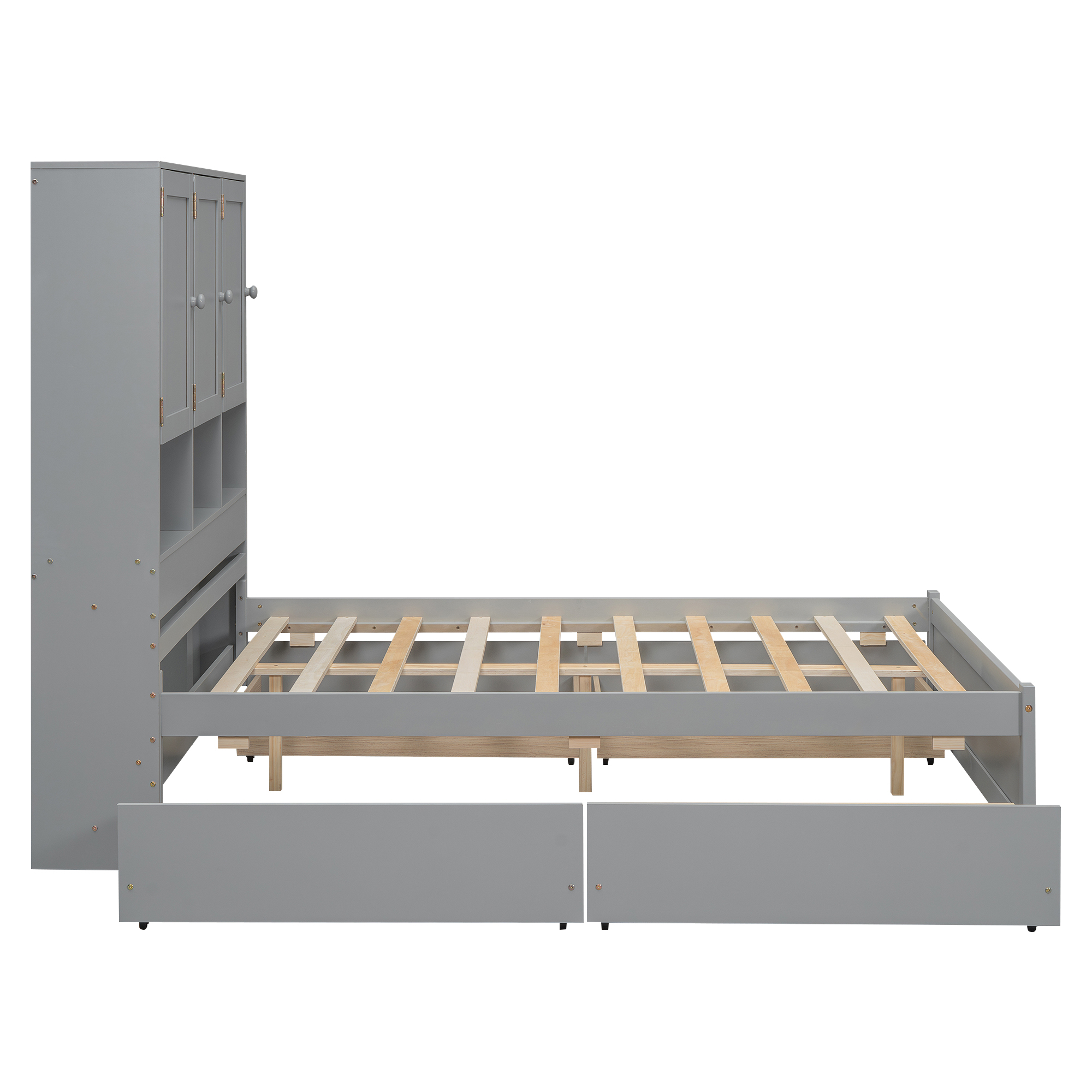 Full/Queen Size Platform Bed with Storage Headboard and 4 Drawers, Gray/White