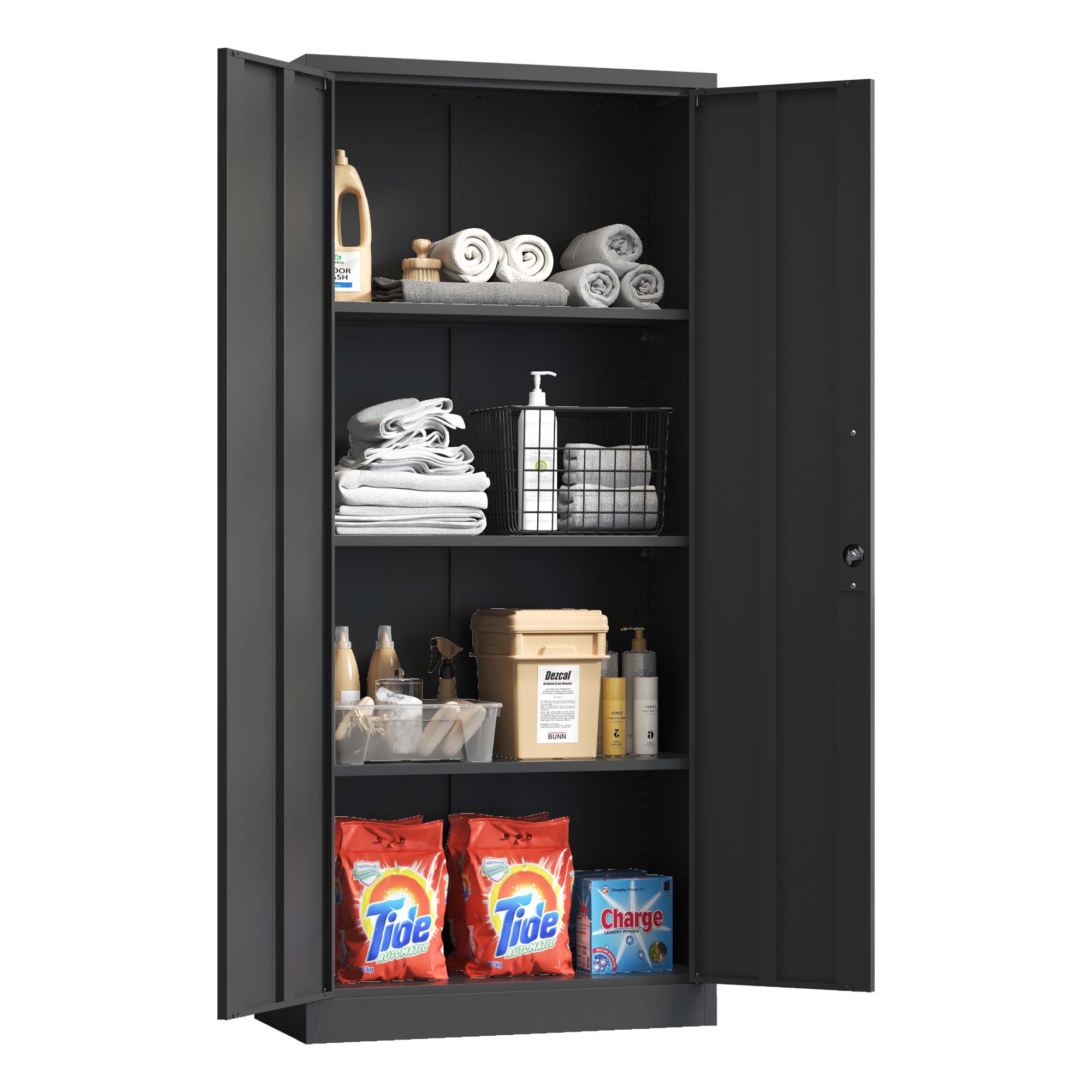 71"H Metal Garage Storage Cabinet, Black/White Tool Steel Locking Cabinet with Doors and 3 Shelves, Tall Cabinets for Garage Storage Systems Lockable File Cabinet for Home Office