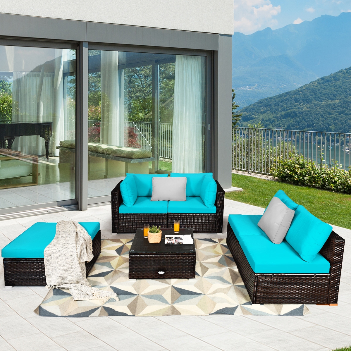 Mondawe 6 Pieces Outdoor Patio Rattan Furniture Set Sofa Ottoman-Turquoise-Mondawe