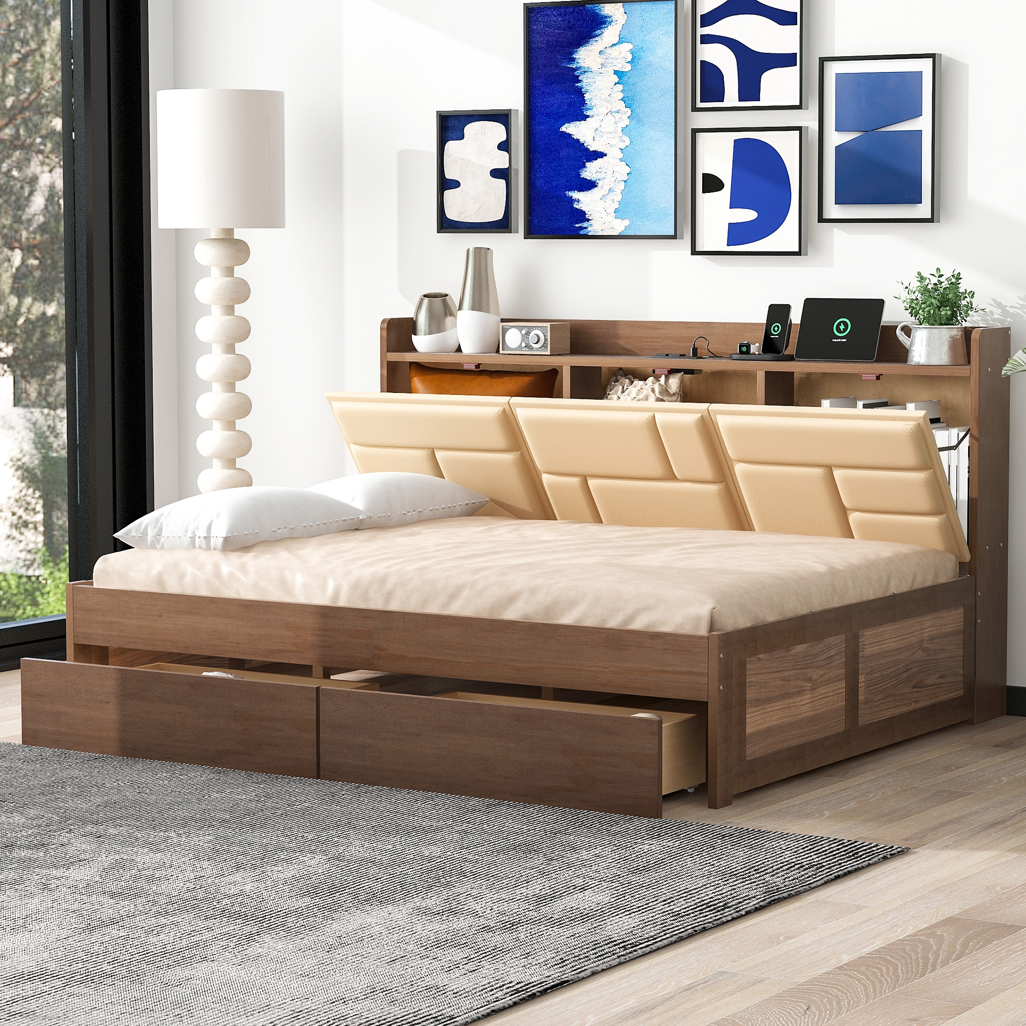 Full/Twin Size Wood Daybed with Upholstered Storage Shelves, USB Ports and 2 Drawers, Wood Color 