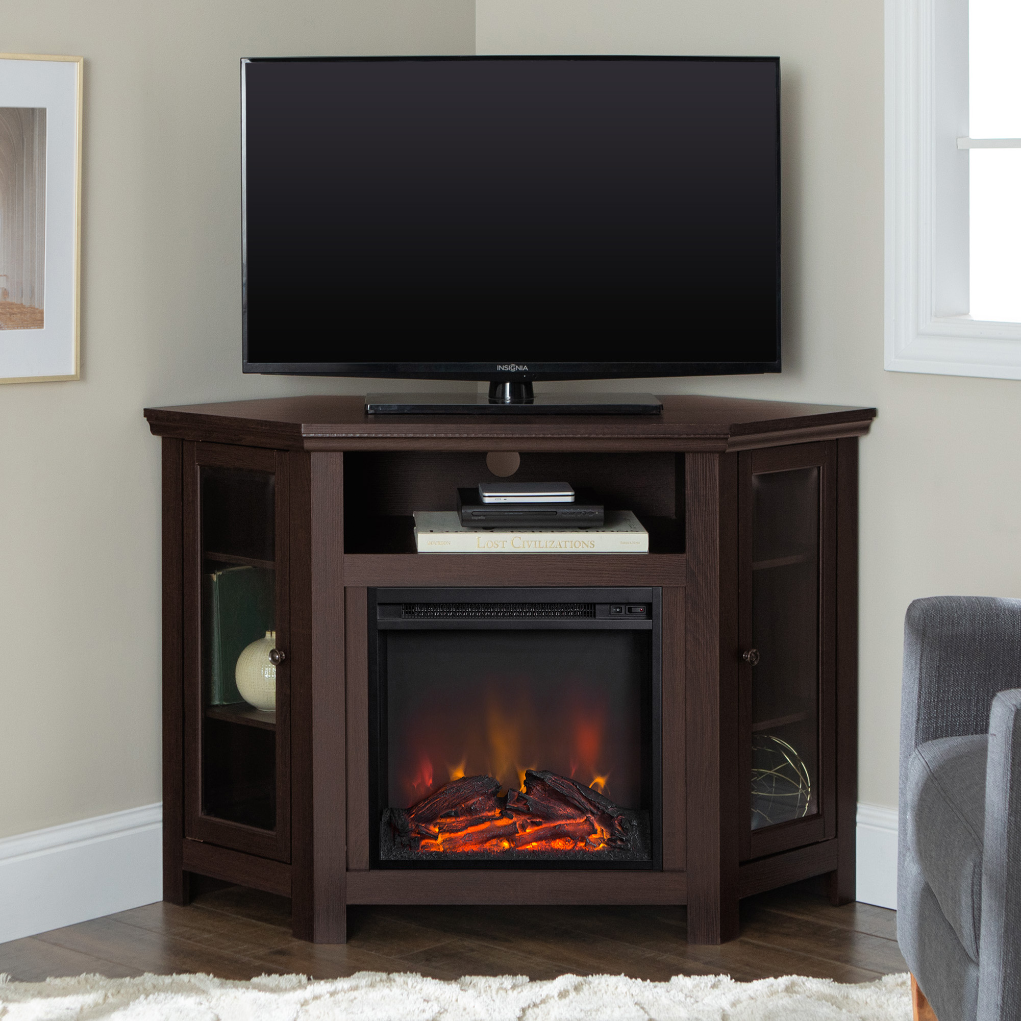 Classic Glass-Door Fireplace TV Stand for TVs up to 55" - Brown 