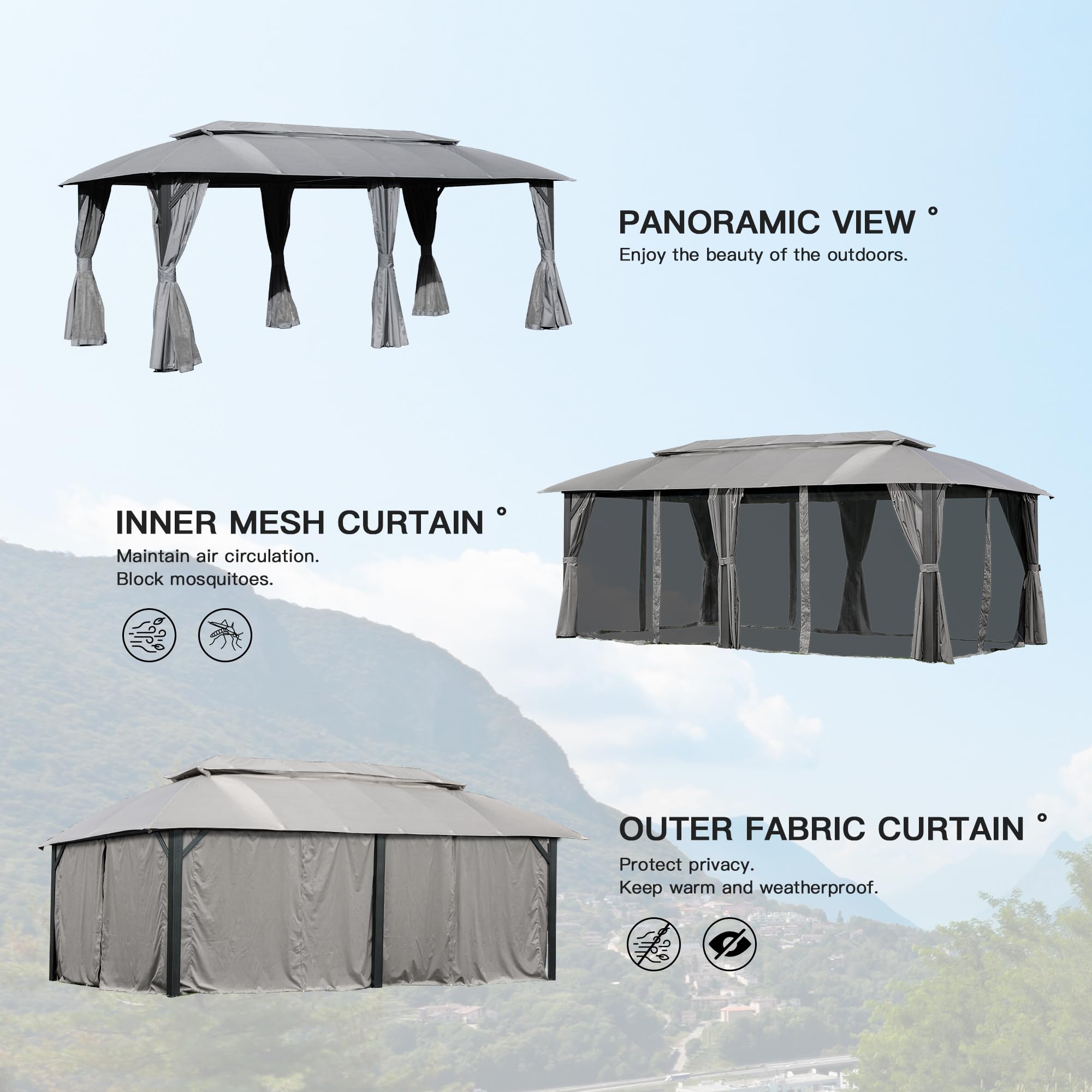 Gazebo 10x20FT, Outdoor Gazebo with Double Roofs, Privacy Curtains, Mosquito Nettings, Heavy Duty Metal Frame Party Tent Canopy for Patio, Backyard, Deck, Lawn, Grey/Brown