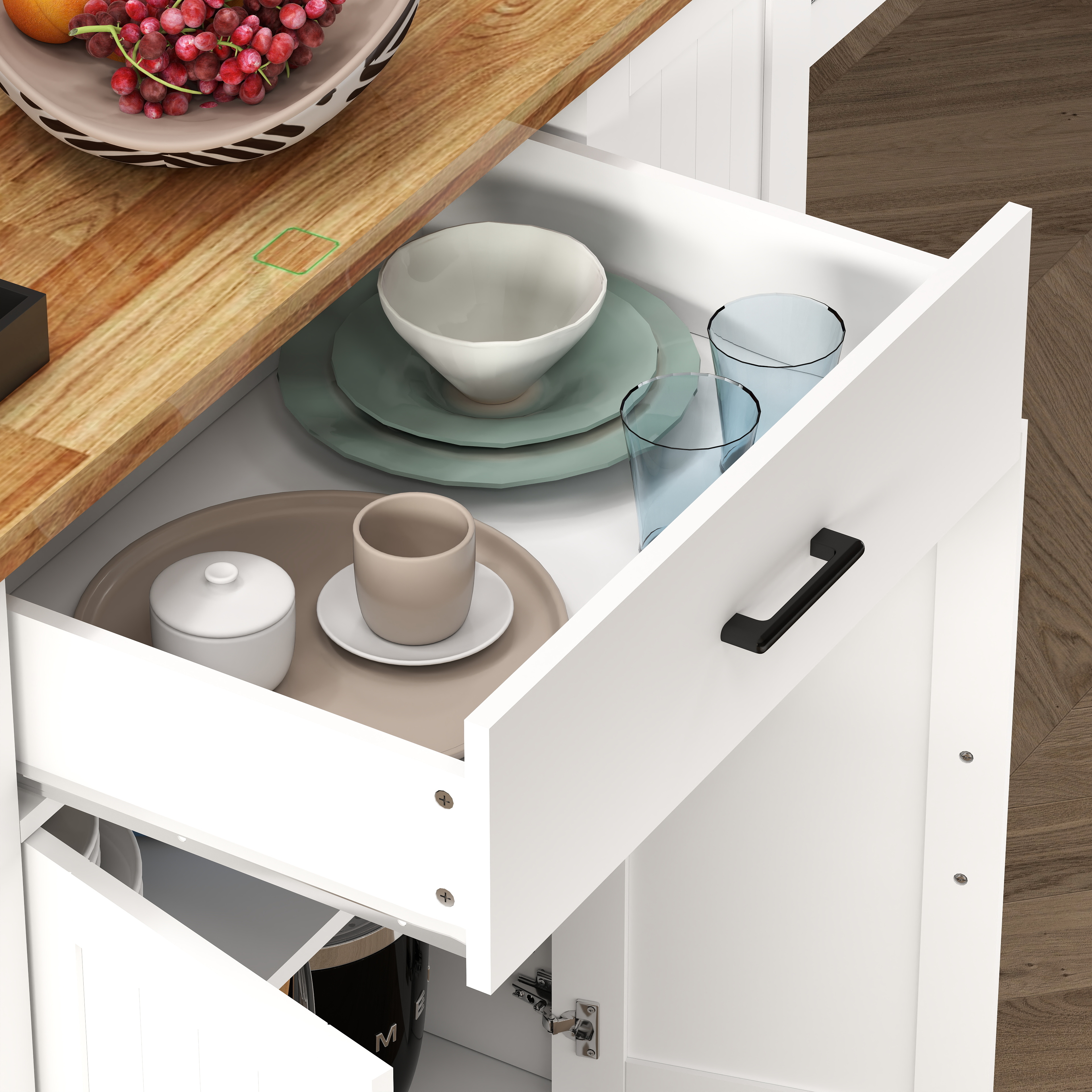 46.2'' Multi-Storage Kitchen Island with Rubber Wood Tabletop, Large Farmhouse Kitchen Cart with Adjustable Shelves and Drawers, Dinning Table Bar with Storage Cabinet for Kitchen 