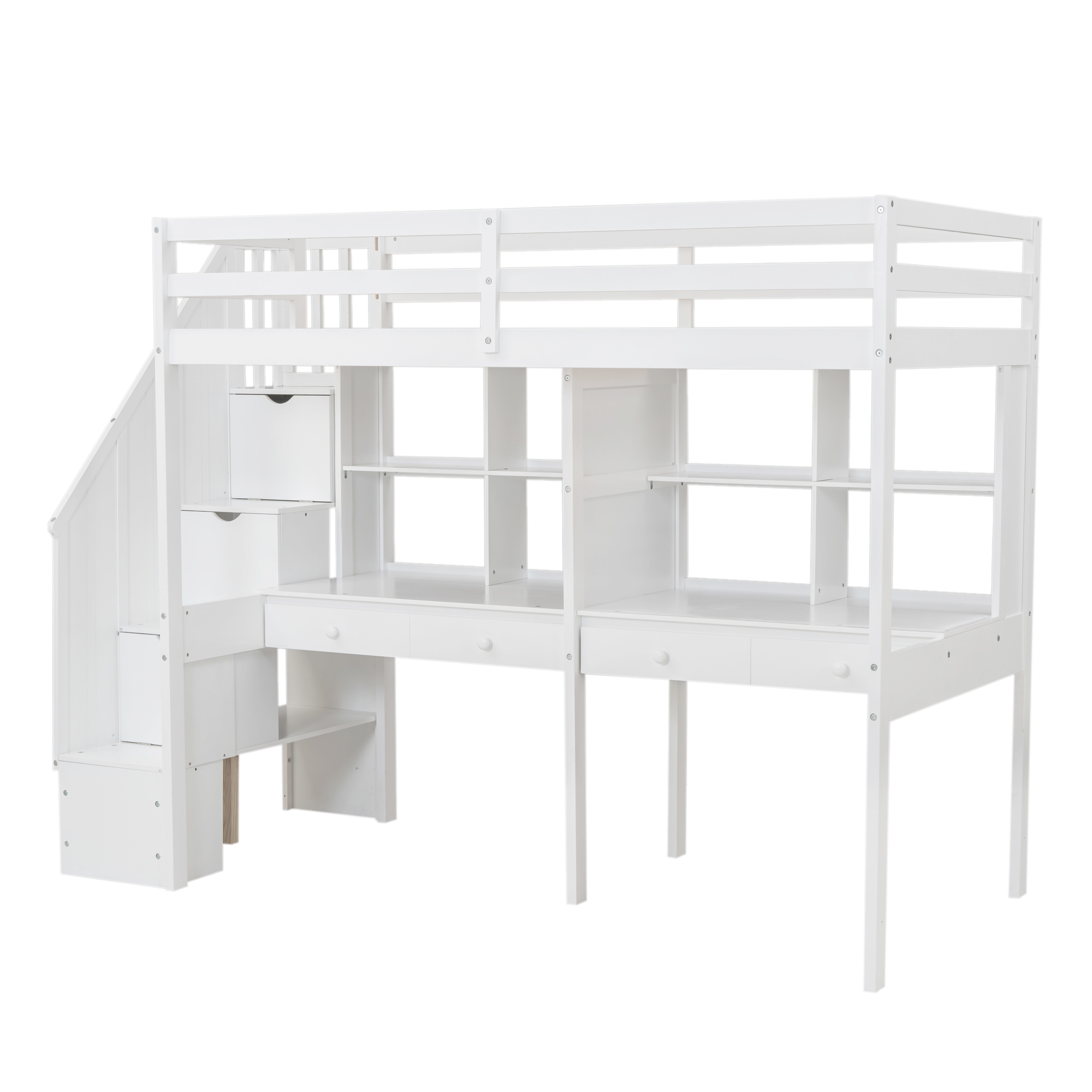 Twin Size Loft Bed Frame with Storage Staircase and Double Desks and Shelves,Gray/White