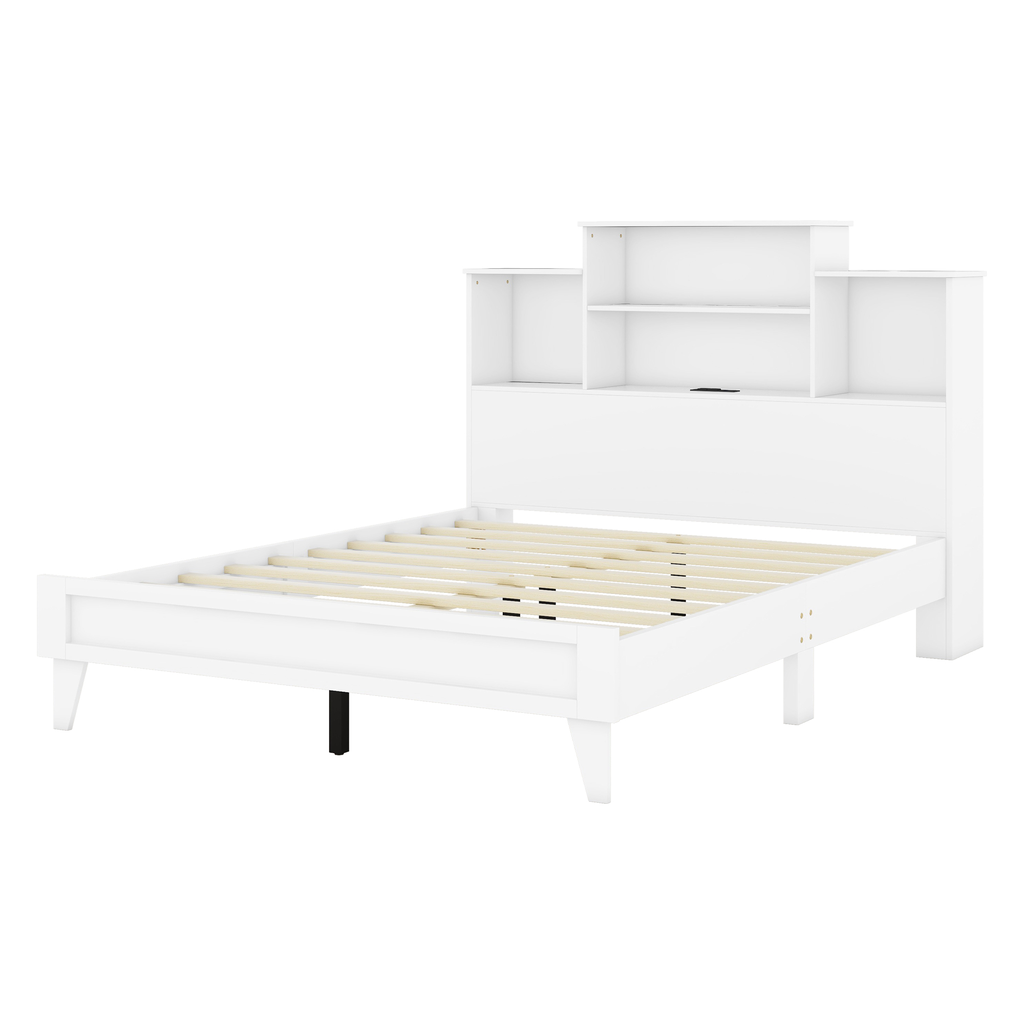 Queen Size Storage Platform Bed Frame with 4 Open Storage Shelves and USB Charging Design,White 