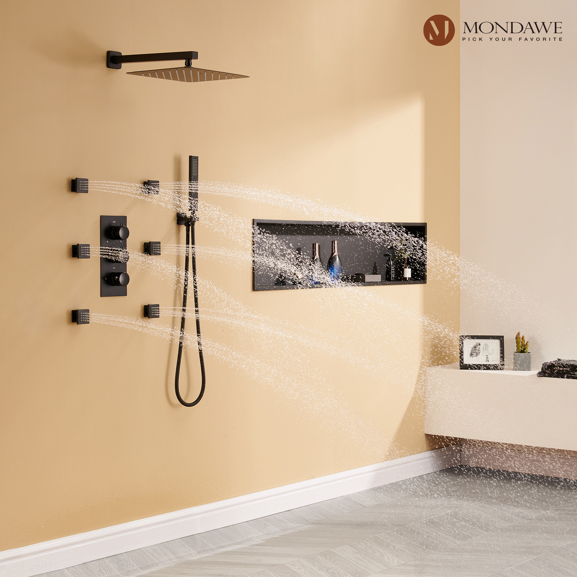 Mondawe Wall Mount Thermostatic Rain Head Shower System with Handheld Shower and Wall Body Jets-Mondawe
