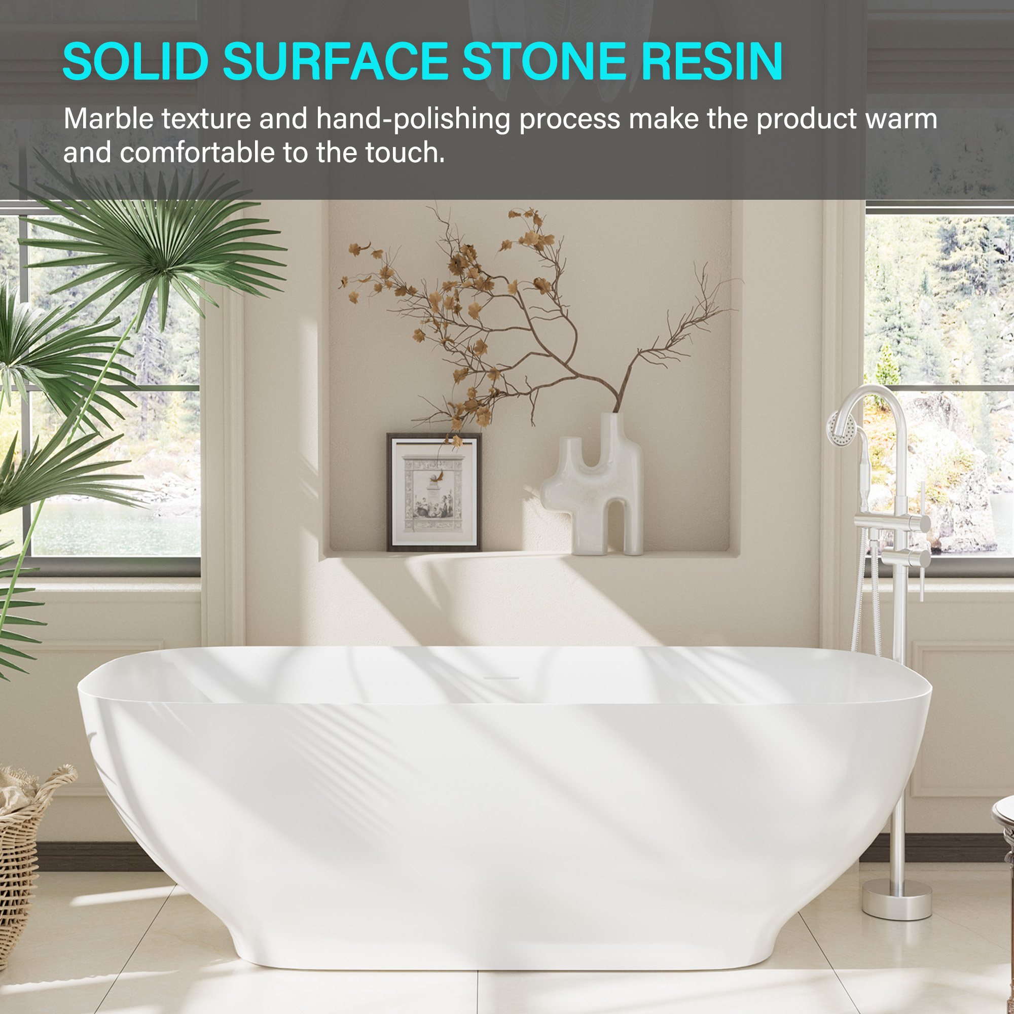 Matte white 67-inch artificial stone freestanding bathtub, can match any decoration style