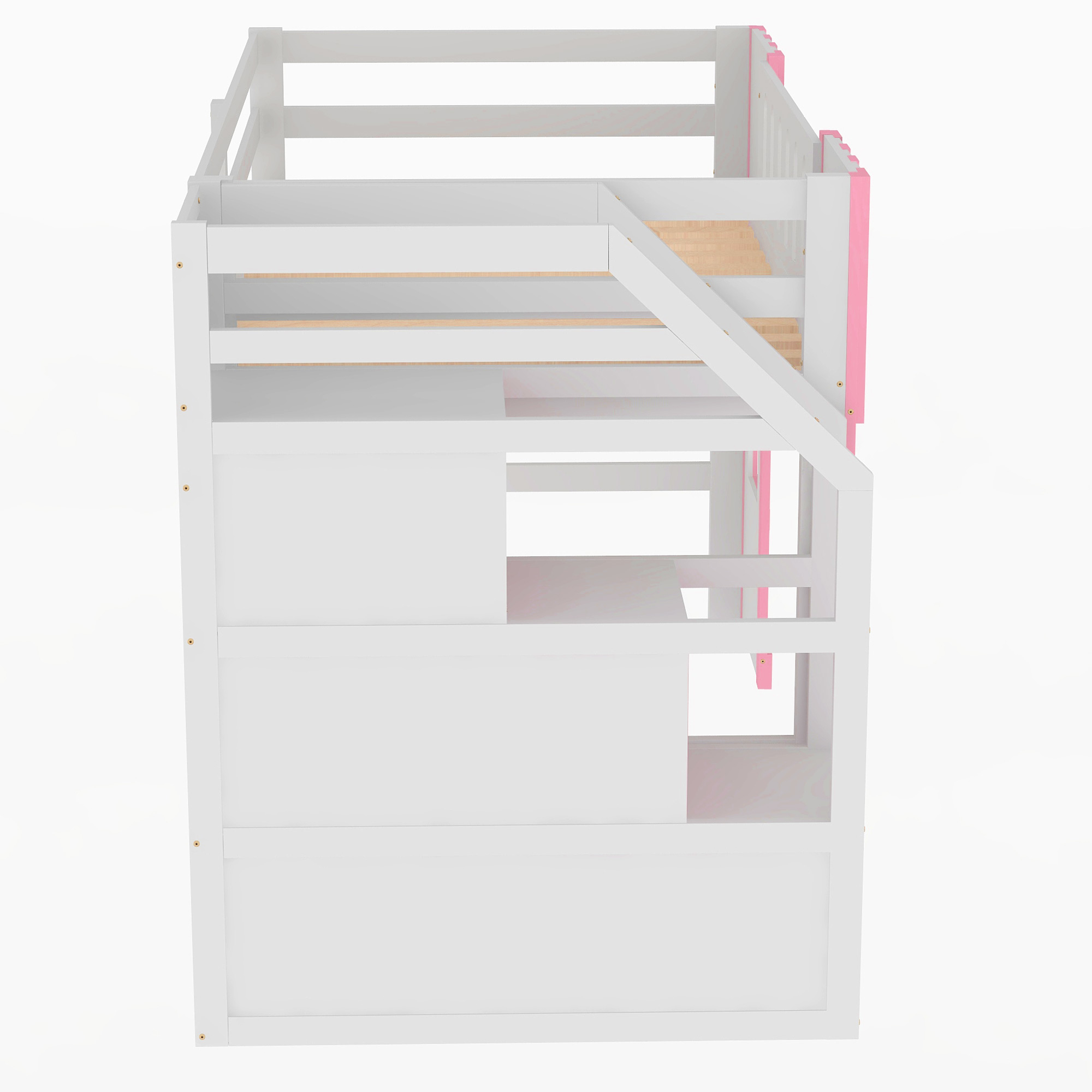 Twin Size Loft Bed with Storage Staircase and Window, White/Pink