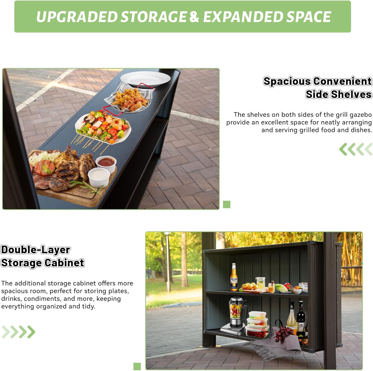 Hardtop Grill Gazebo, Outdoor BBQ Gazebo with 2 Side Shelves and Sloping Galvanized Steel Roof, Metal Permanent Grill Canopy with Ceiling Hooks for Patio, Lawn, Backyard, Deck