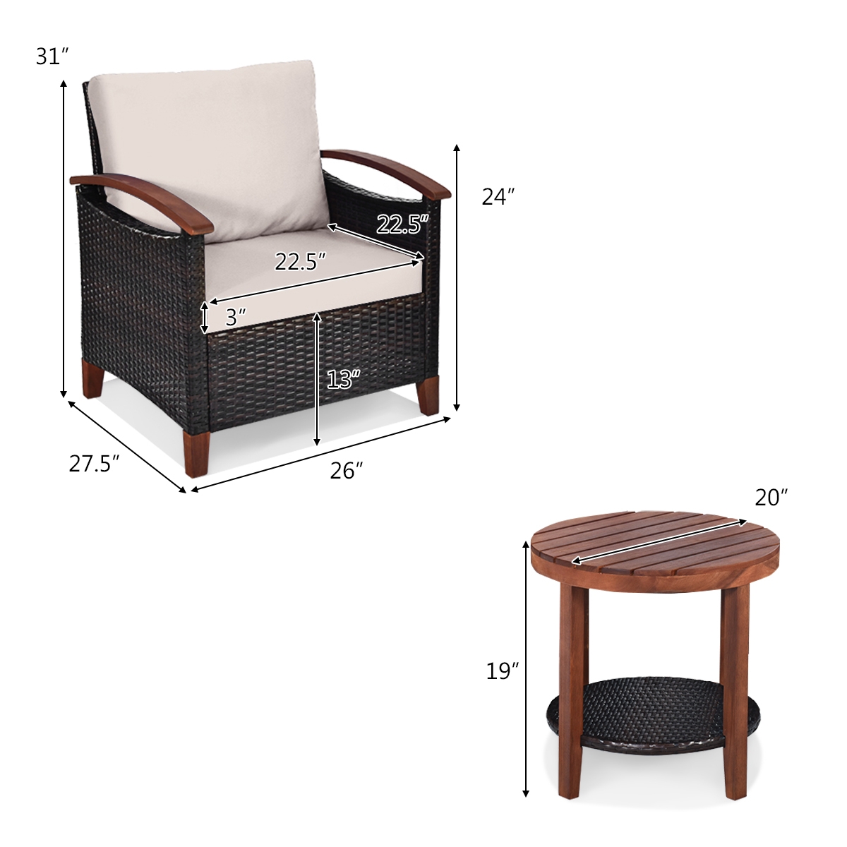 Mondawe 3 Pcs Solid Wood Frame Patio Rattan Furniture Set-Beige-Mondawe