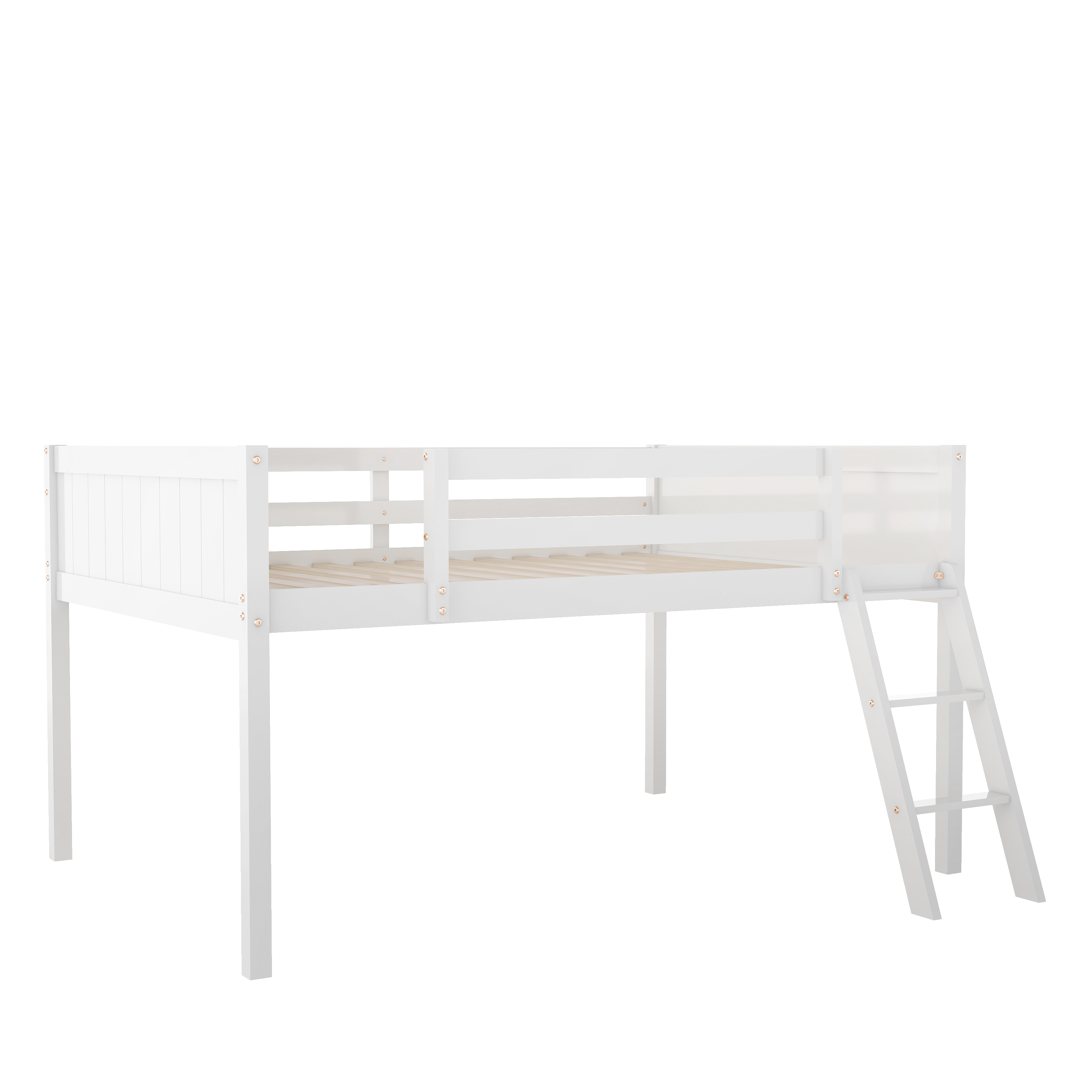 Full Size Wood Low Loft Bed with Ladder, ladder can be placed on the left or right, Gray/White