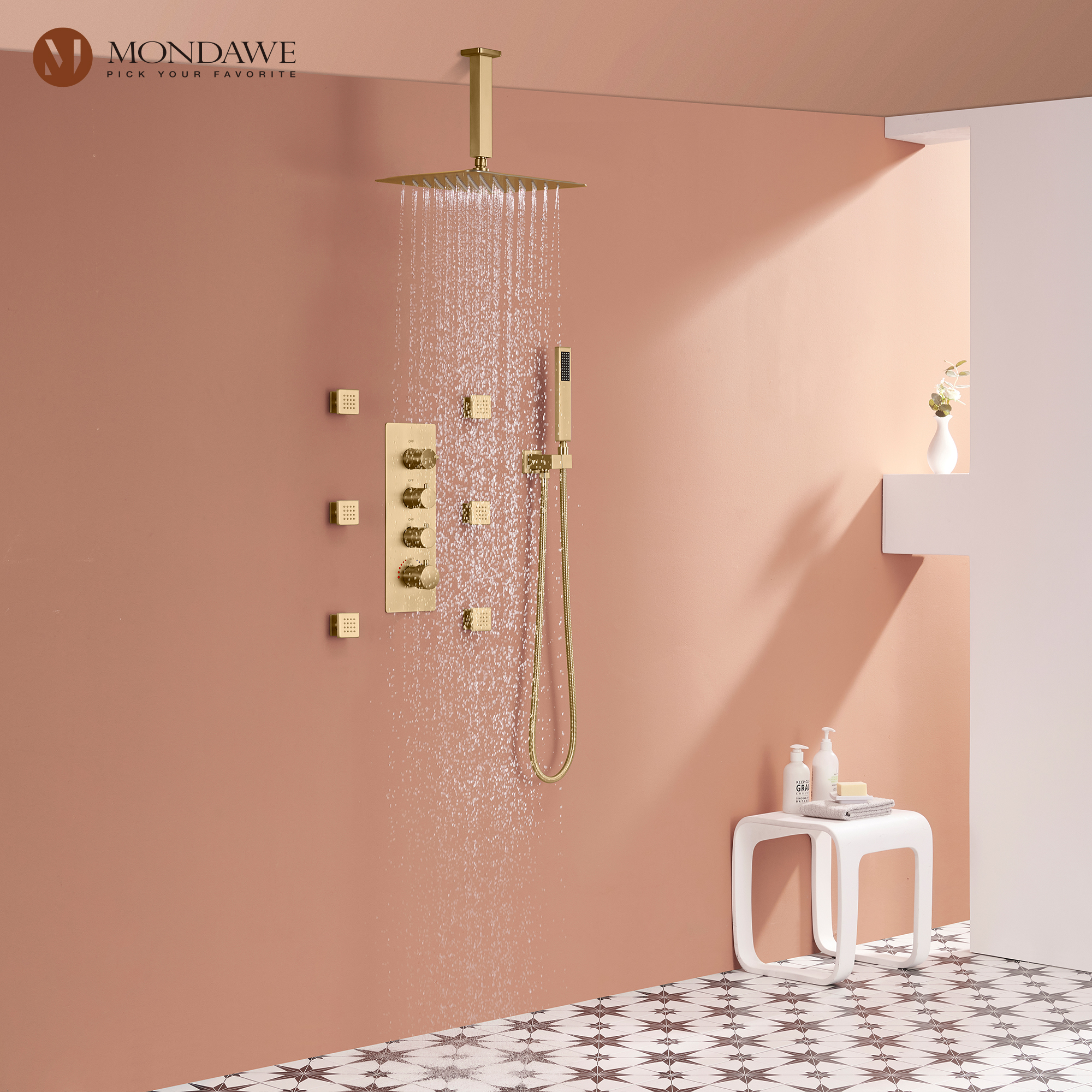 Mondawe Ceiling Mount Thermostatic Rainfall Shower System Set with Hand Held Shower Head and 6 Body Jets-Mondawe