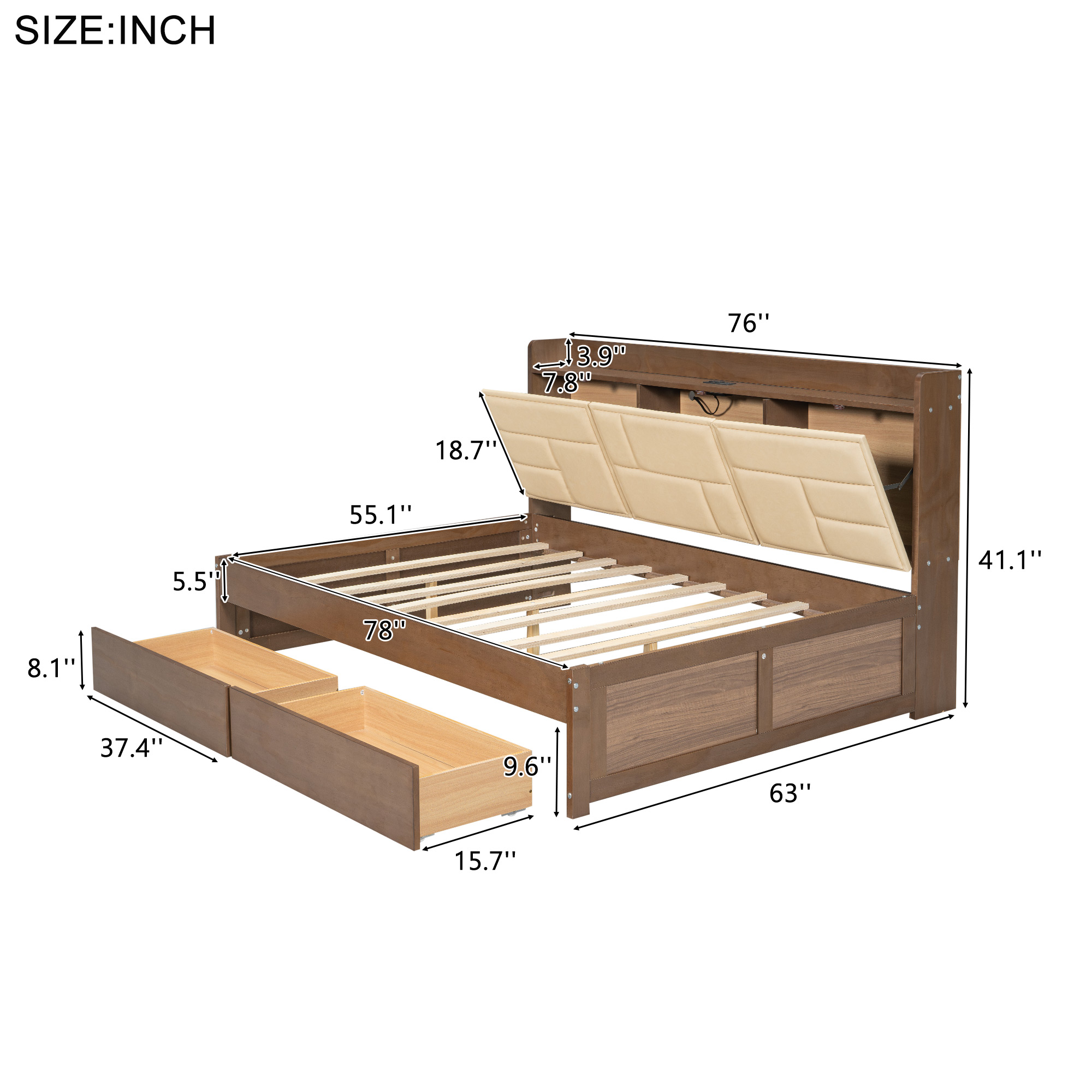 Full/Twin Size Wood Daybed with Upholstered Storage Shelves, USB Ports and 2 Drawers, Wood Color 
