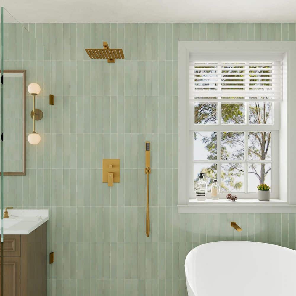 3-Spray Patterns Square 10 in. Wall Mount Dual Shower Heads 2.5 GPM with Tub Faucet in Brushed Gold