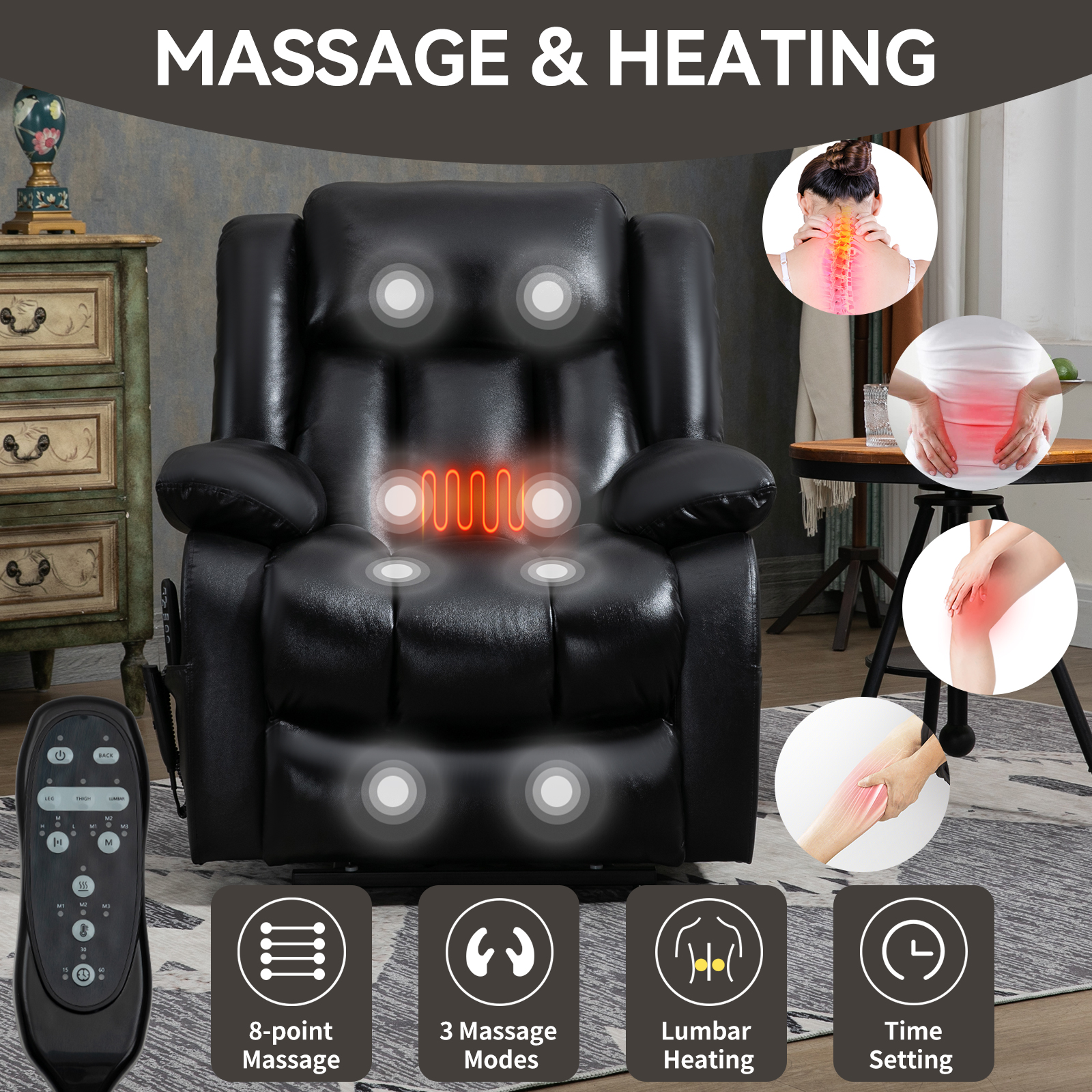 Dual Motor Infinite Position Up to 350 LBS Electric Medium size Brown/Gray/Black/Antique Brown Power Lift Recliner Chair with 8-Point Vibration Massage and Lumbar Heating