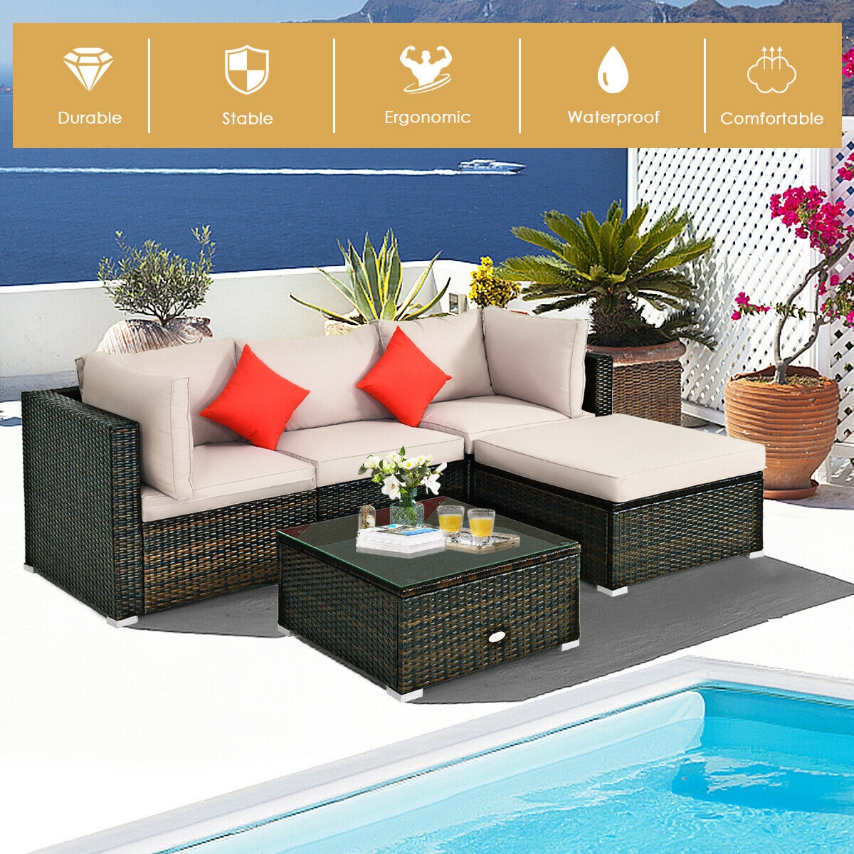 Mondawe 5 Pcs Outdoor Patio Rattan Furniture Set Sectional Conversation-Mondawe