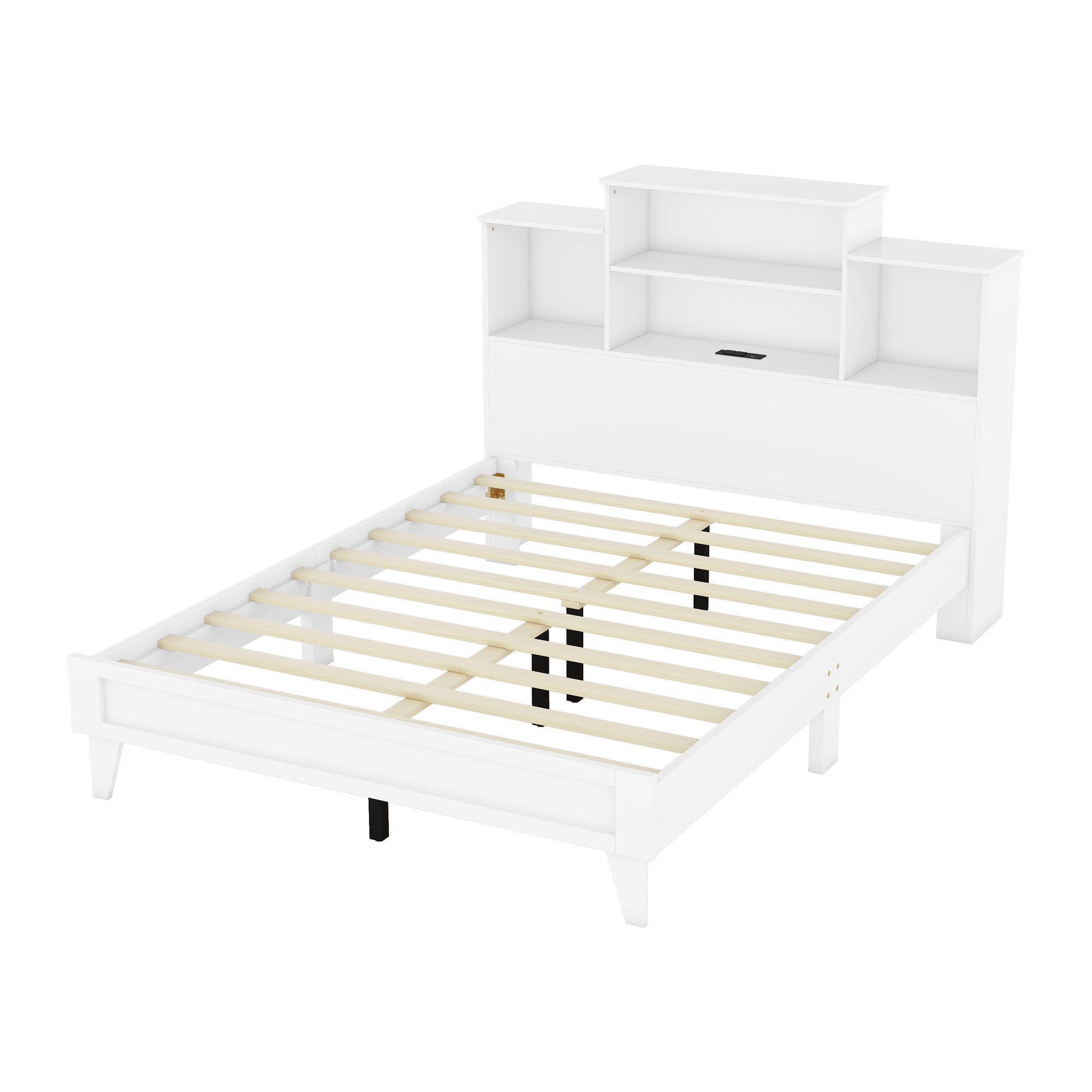 Queen Size Storage Platform Bed Frame with 4 Open Storage Shelves and USB Charging Design,White 