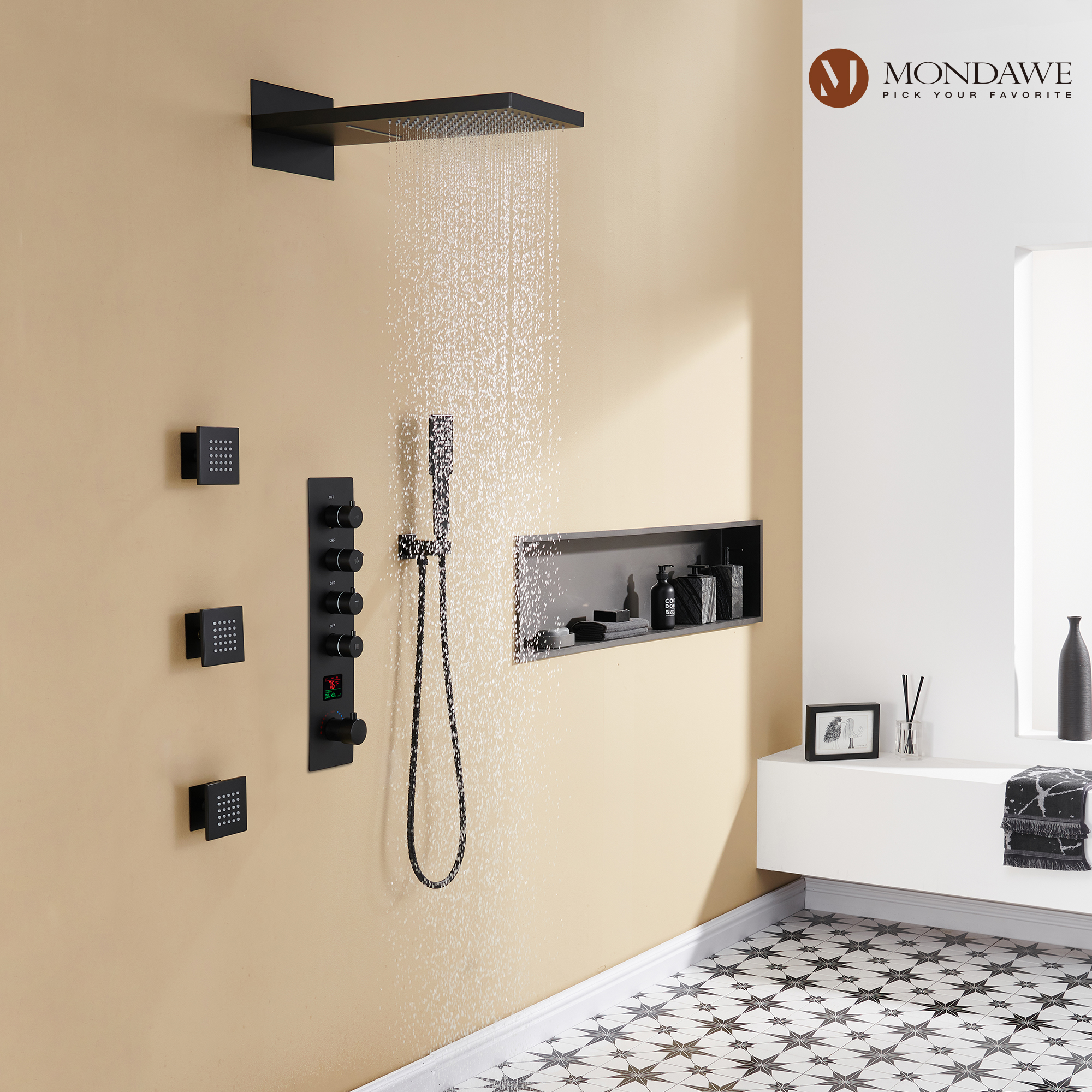 Mondawe Luxury Rain Dual Shower Heads Wall Mounted 22 in. with Digital Temperature Display 4 Spray Patterns Thermostatic and 3 Body Jets-Mondawe