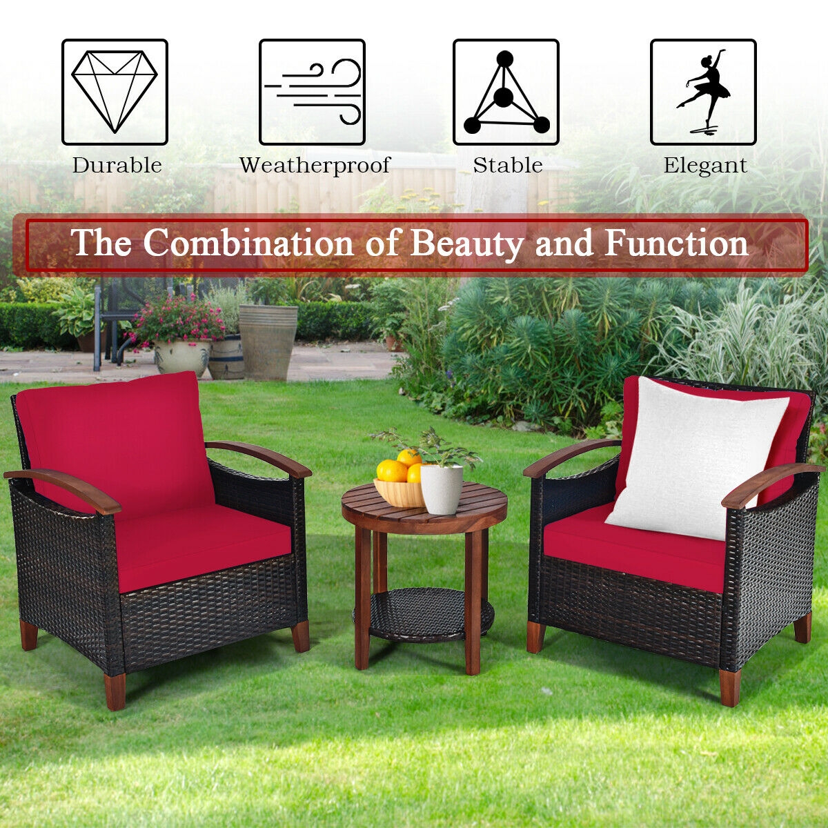 Mondawe 3 Pcs Solid Wood Frame Patio Rattan Furniture Set-Red-Mondawe