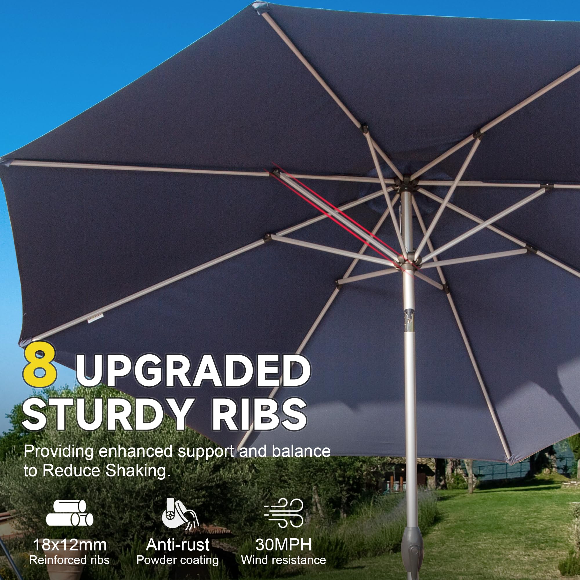 9FT Patio Umbrella, Outdoor Table Umbrella with Push Button Tilt and Crank, UV Protection Waterproof Market Sun Umbrella with 8 Sturdy Ribs for Garden, Deck, Backyard, Pool (Navy Blue/Brick red/Beige/Gray)