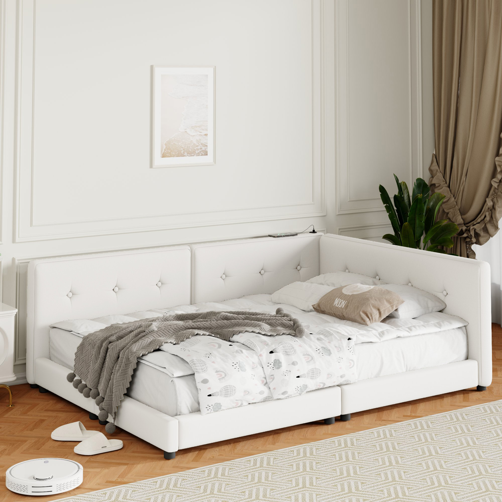 Upholstered Full/Queen Size platform bed with USB Ports, Beige 