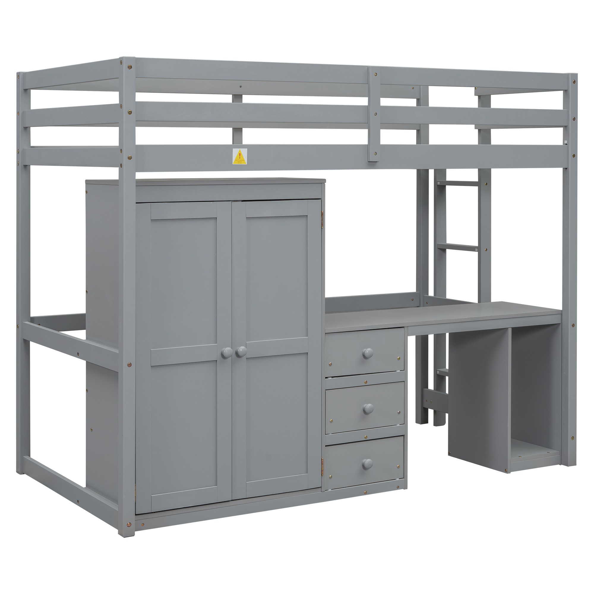 Full/Twin Size Loft Bed with Wardrobe, Desk and Storage Drawers, Gray/White