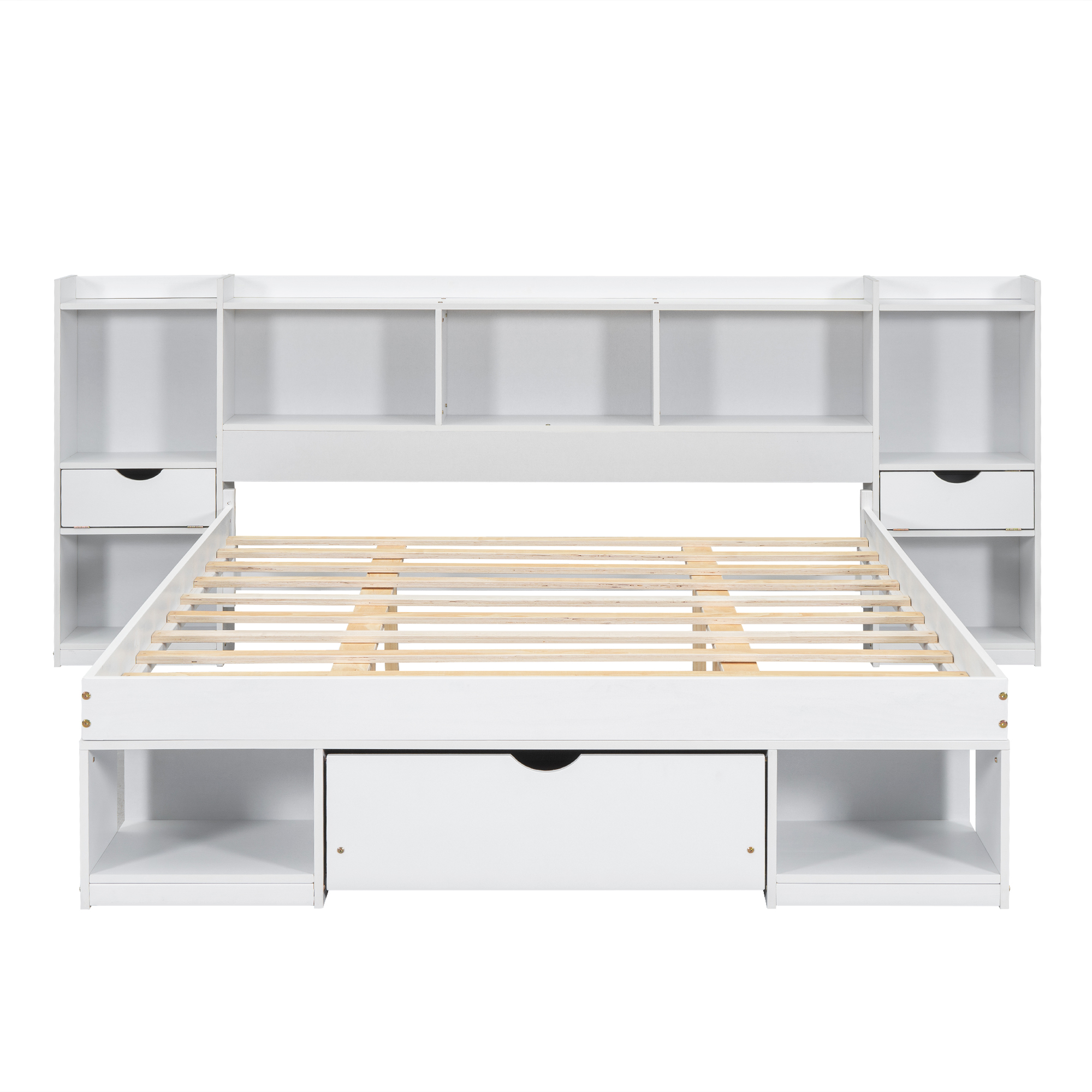 Queen Size Wood Platform Bed with Multi-storage Headboard and a Drawer, White/Gray