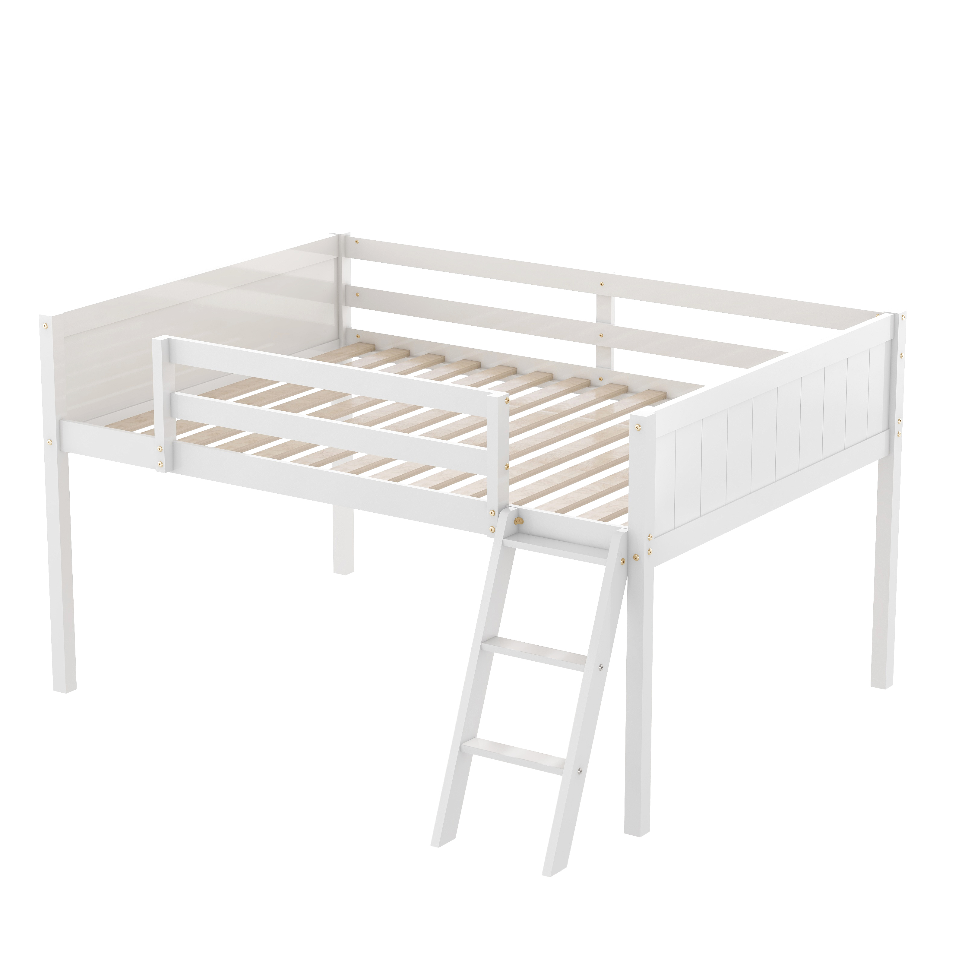 Full Size Wood Low Loft Bed with Ladder, ladder can be placed on the left or right, Gray/White