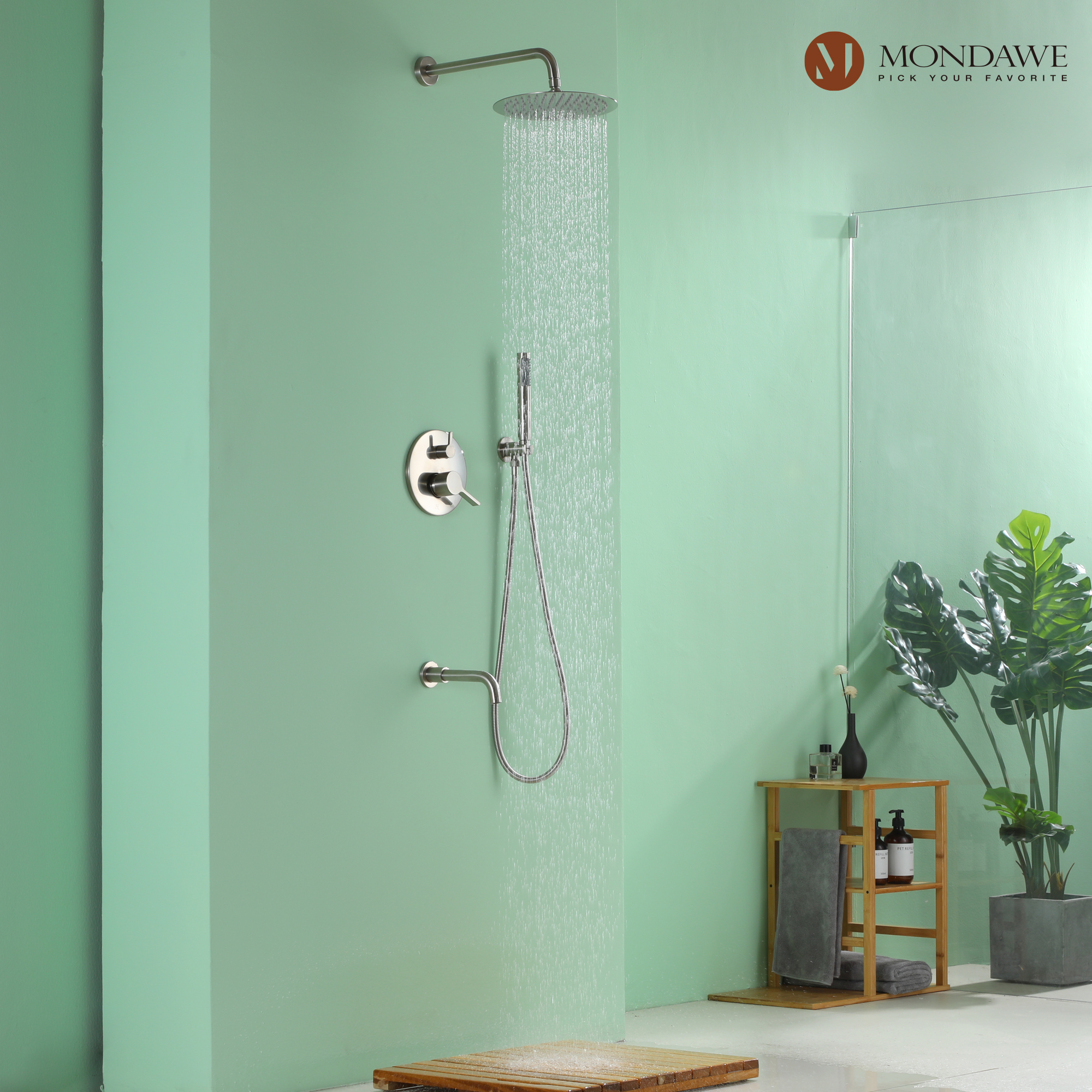 Mondawe Three function Pressure Balance Shower Set with 10 in Round Shower Head(5 color, Valve Included)-Mondawe