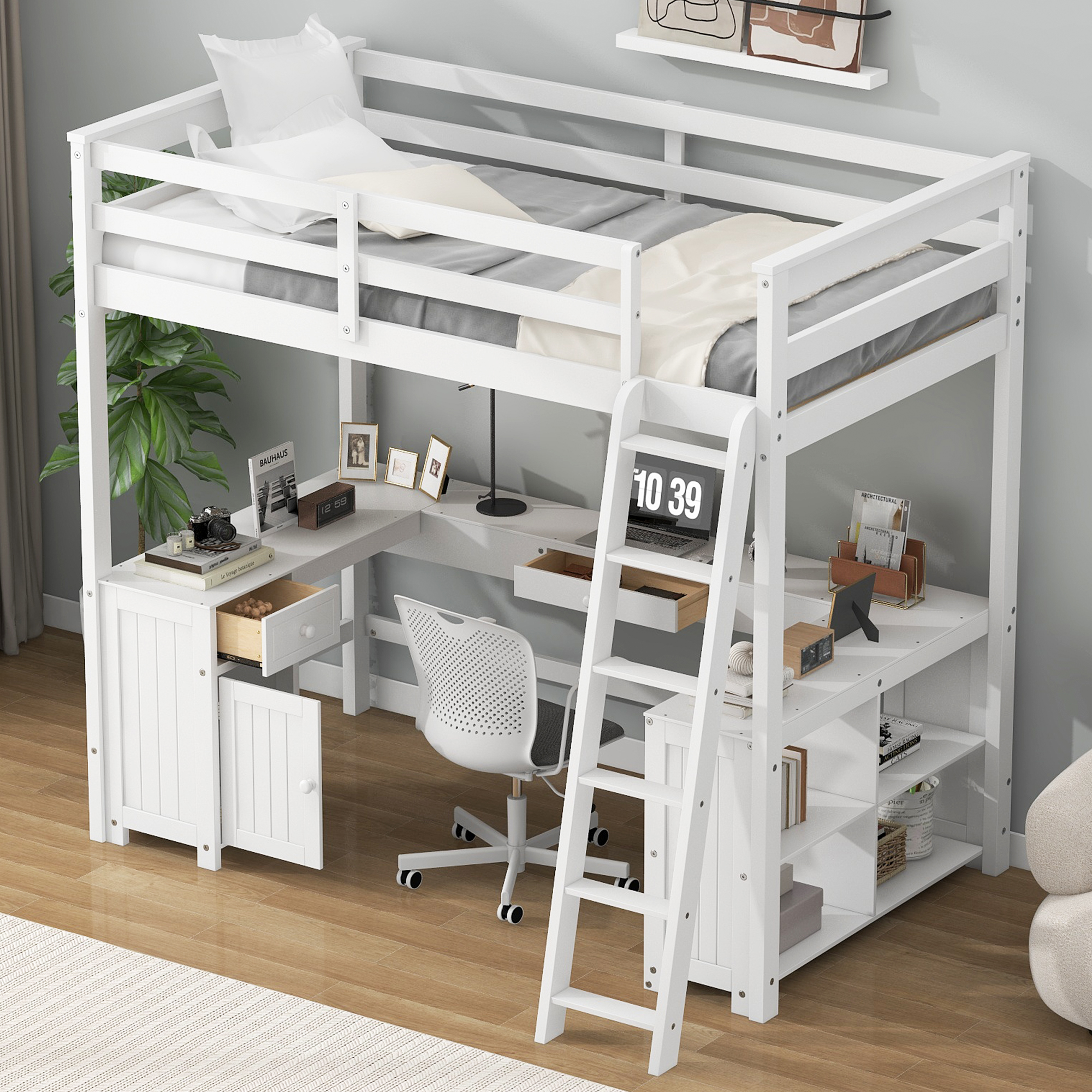 Full/Twin Size Loft Bed with U-shaped Desk, Drawers and Storage Shelves, White/Antique Brown 