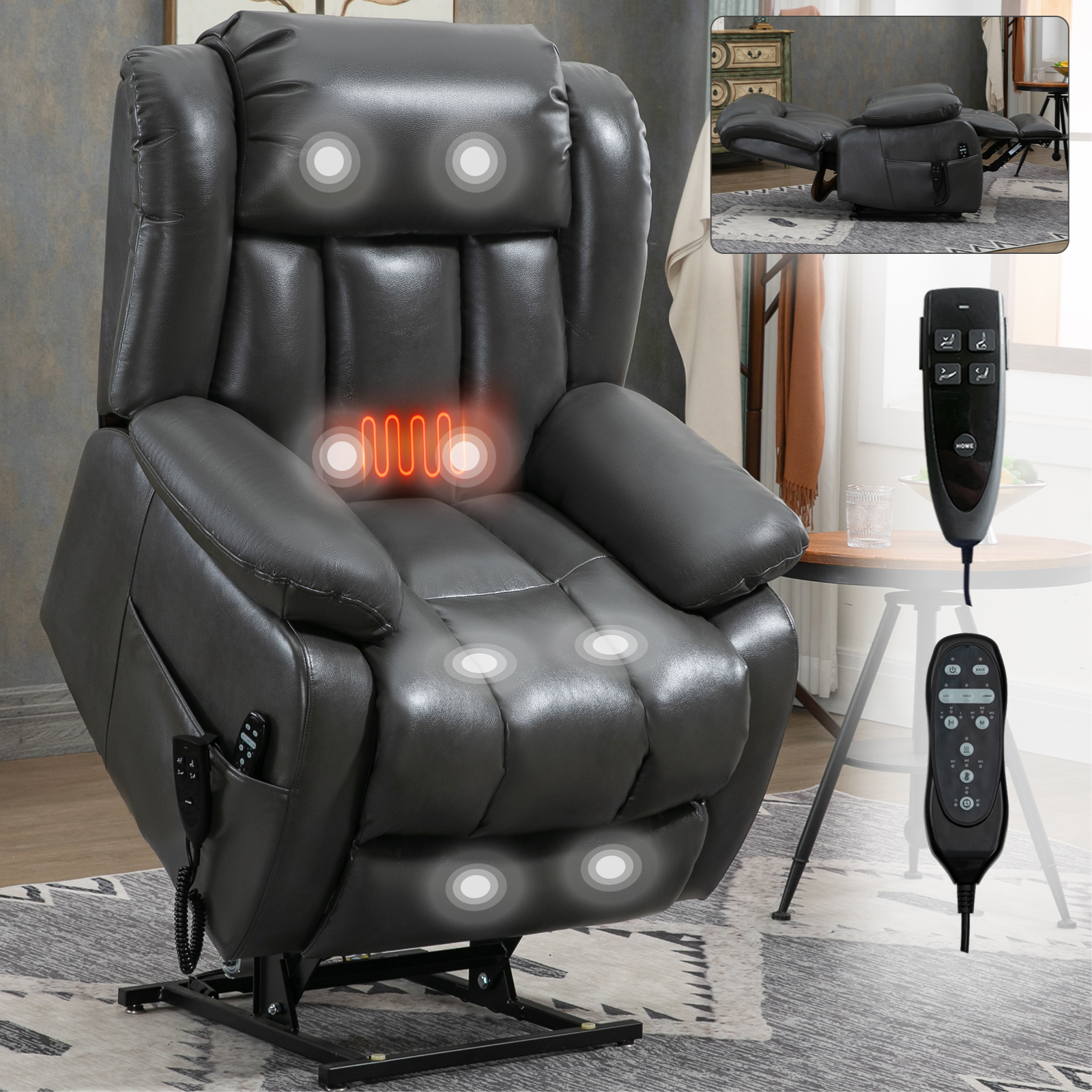 Dual Motor Infinite Position Up to 350 LBS Electric Medium size Brown/Gray/Black/Antique Brown Power Lift Recliner Chair with 8-Point Vibration Massage and Lumbar Heating