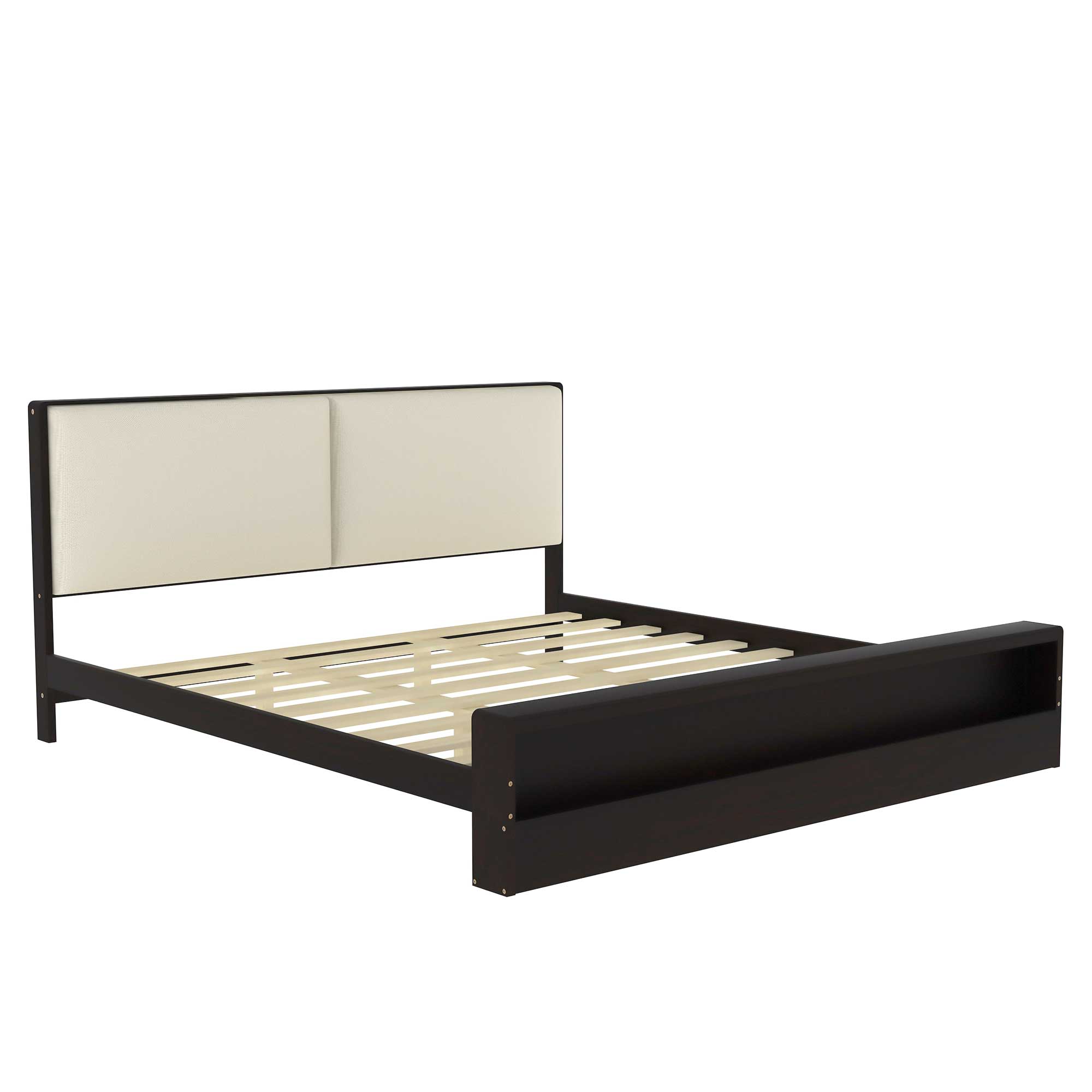 King/Queen Size Platform Bed Frame with Upholstery Headboard and Bookshelf in Footboard and LED Light Strips, Espresso