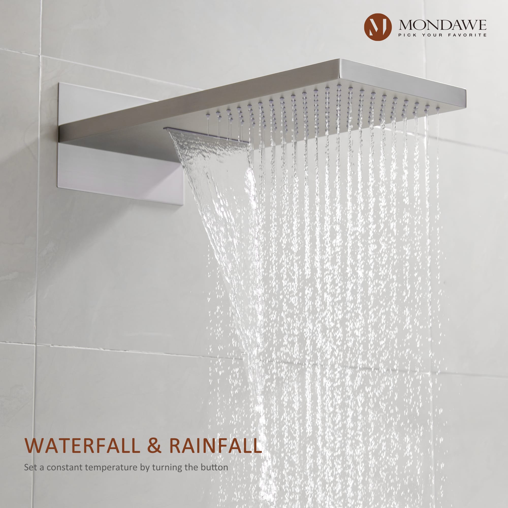 Mondawe 2 Functions Wall Mount Luxury Thermostatic Complete Shower System (Rough-In Valve Included) in Nickel/Black-Mondawe