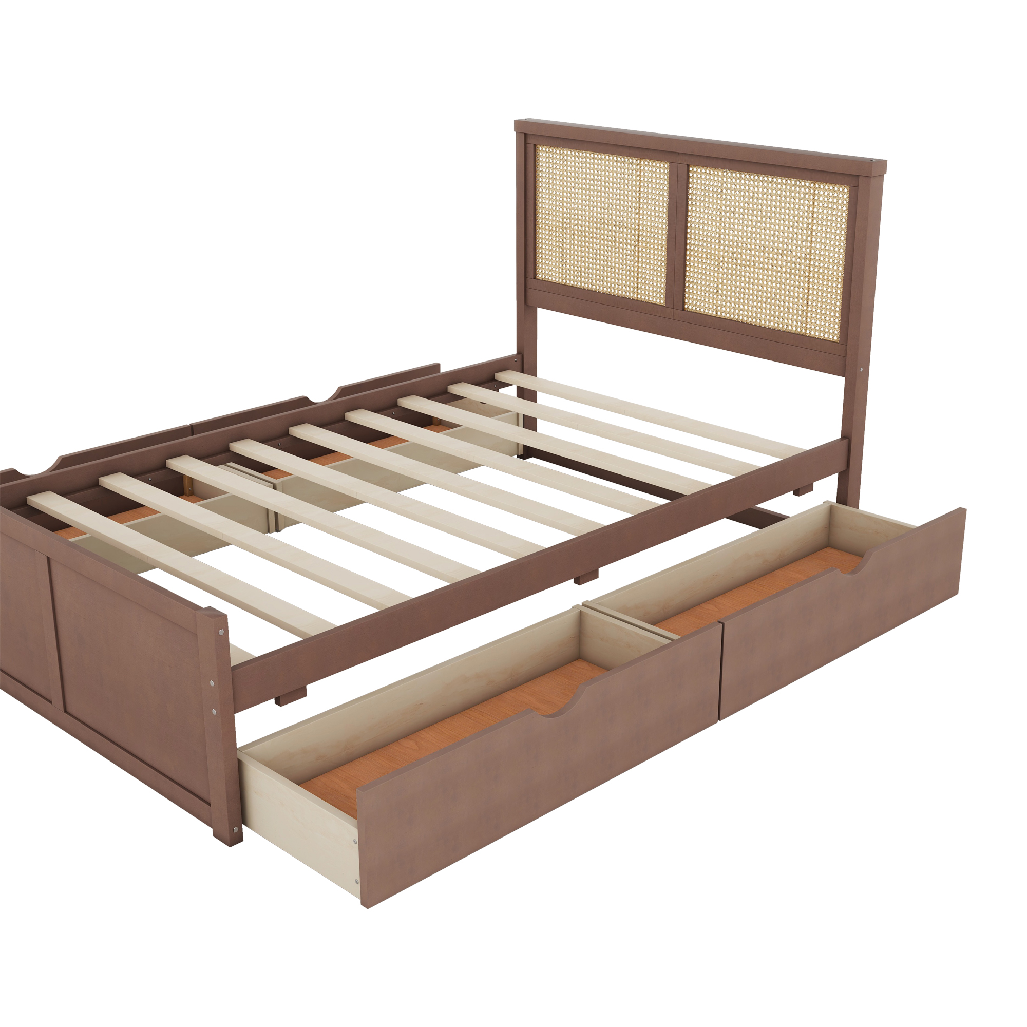 Queen/Full Size Wood Storage Platform Bed with 4 Drawers, Rattan Headboard, Espresso/Nature 