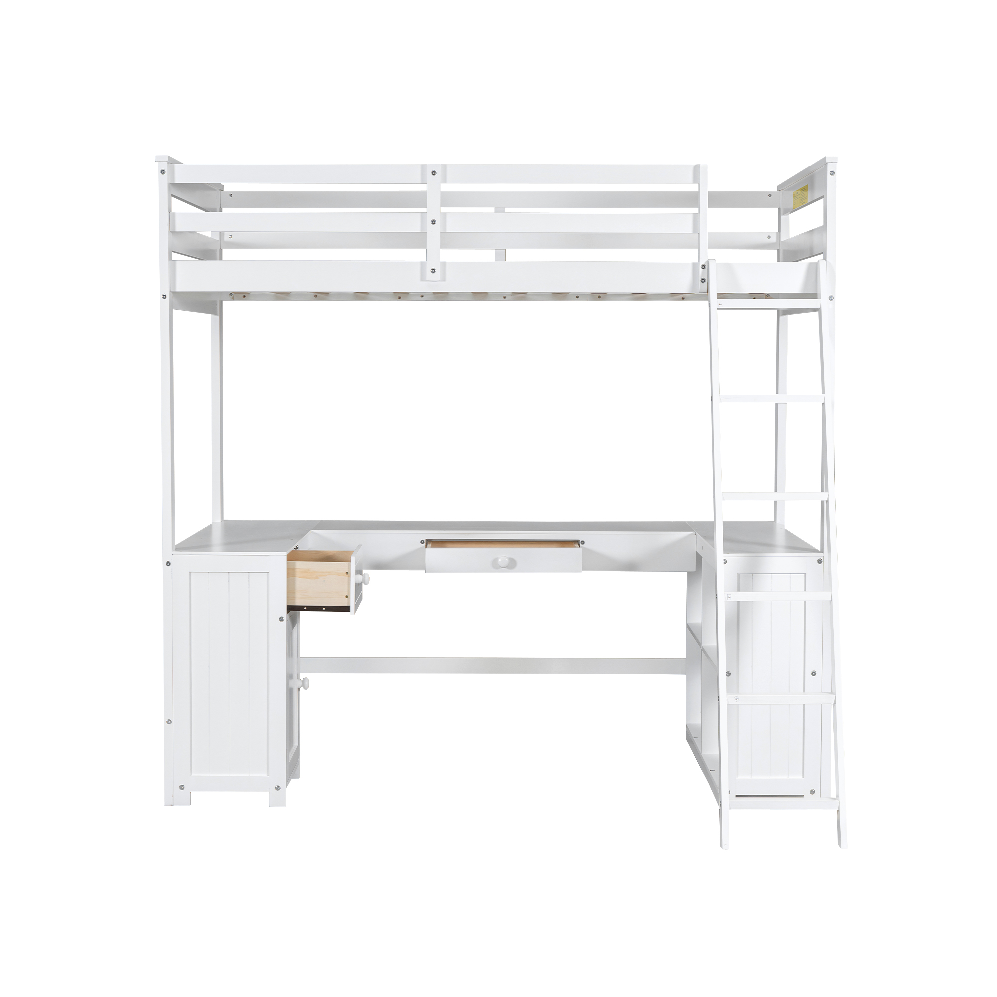 Full/Twin Size Loft Bed with U-shaped Desk, Drawers and Storage Shelves, White/Antique Brown 