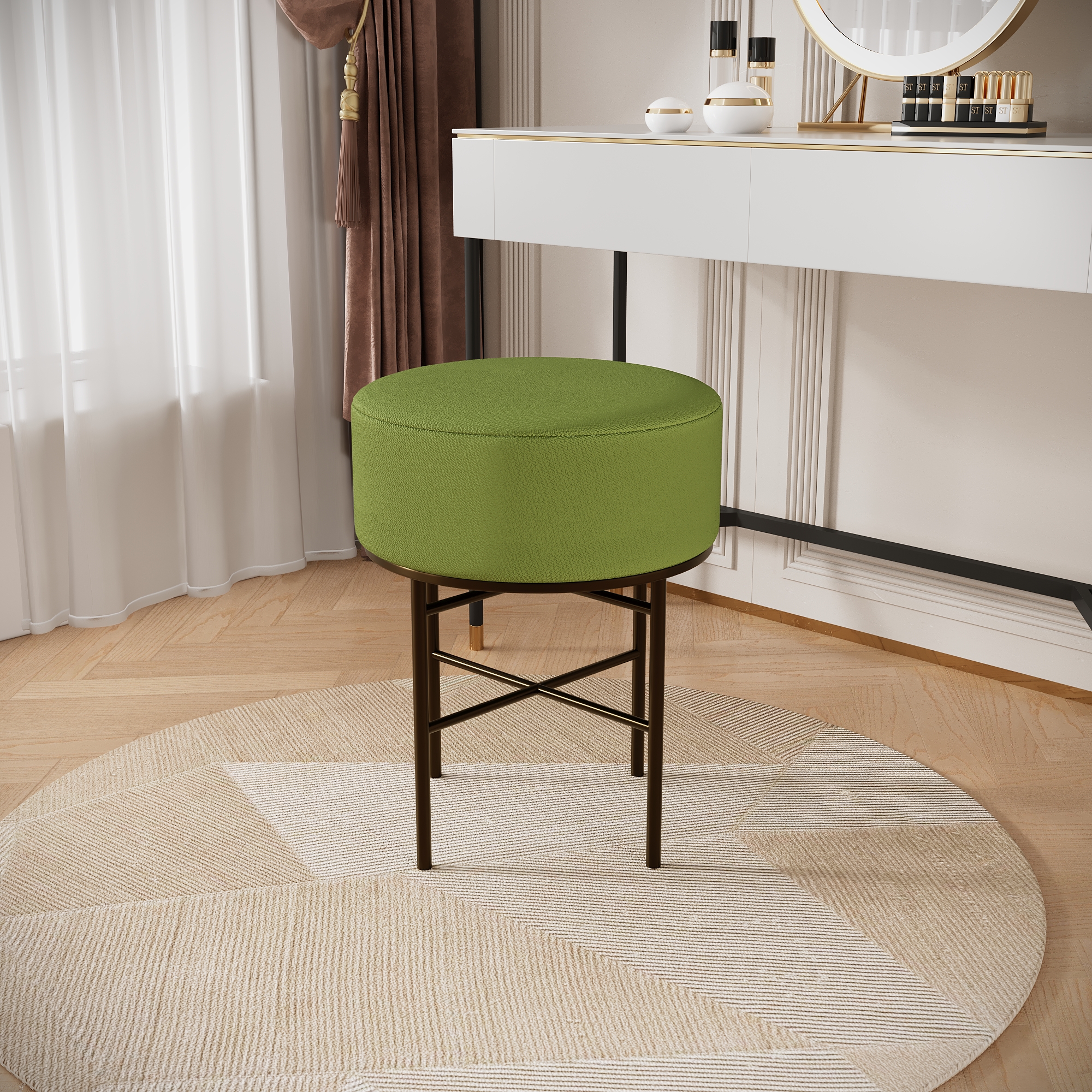 2 pcs Round Cushioned Vanity Stool, Linen Upholstered Vanity Stool for Makeup Room, Modern Soft Stool for Bar and Dining, Ottoman Footrest Stool with Metal Legs for Living Room, Bedroom(Matcha Green/Black) 