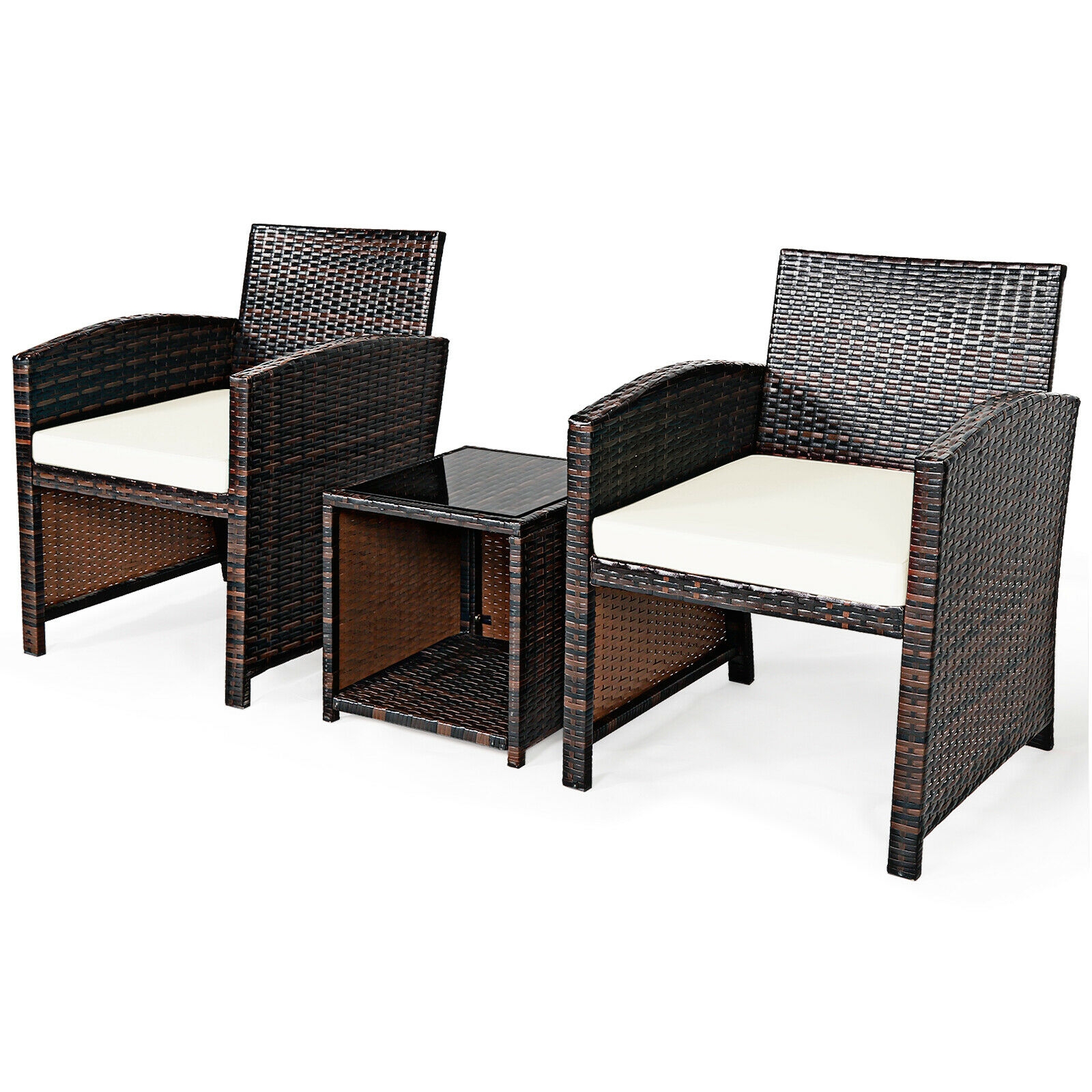 Mondawe 3 Pieces PE Rattan Wicker Furniture Set with Cushion Sofa Coffee Table for Garden-White-Mondawe