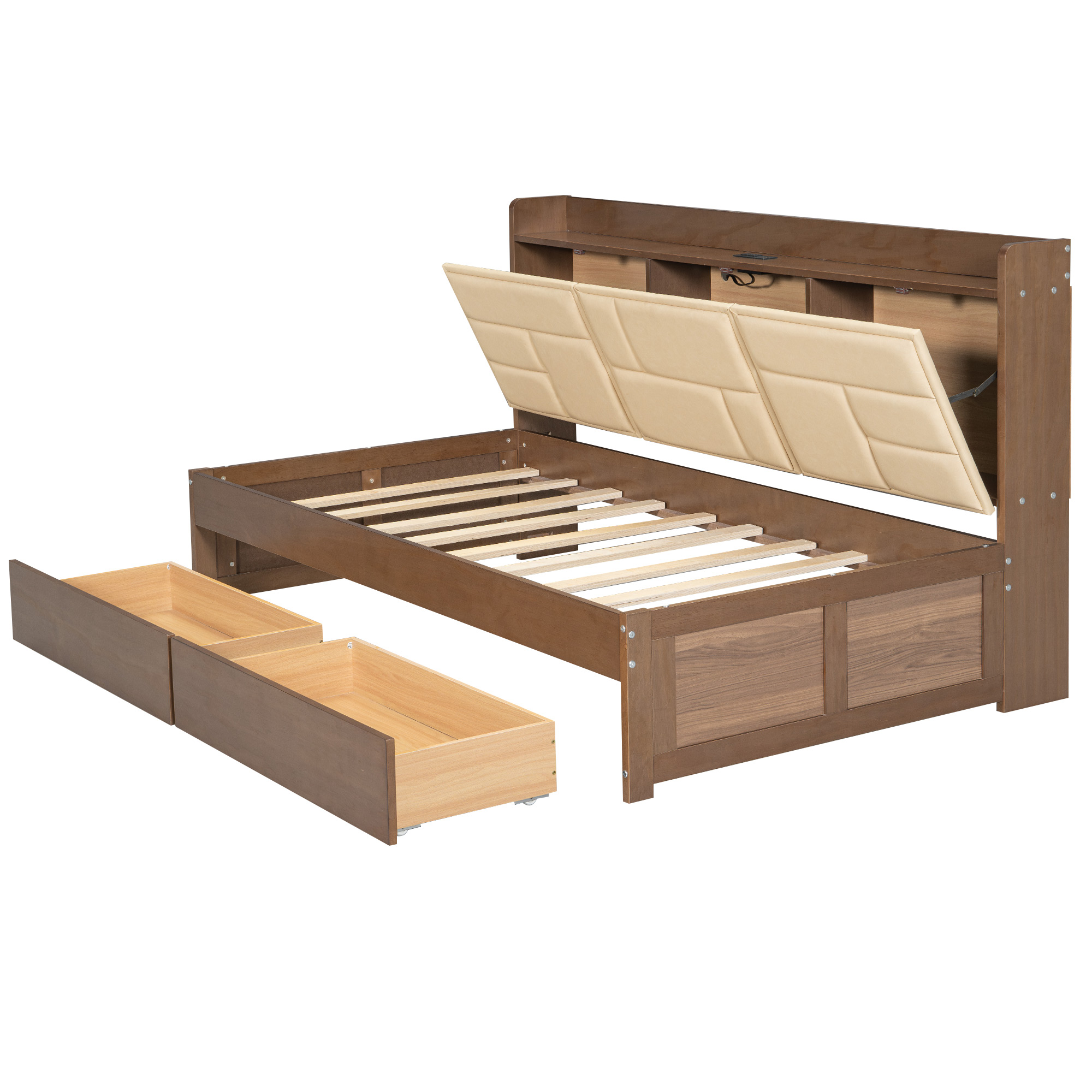 Full/Twin Size Wood Daybed with Upholstered Storage Shelves, USB Ports and 2 Drawers, Wood Color 