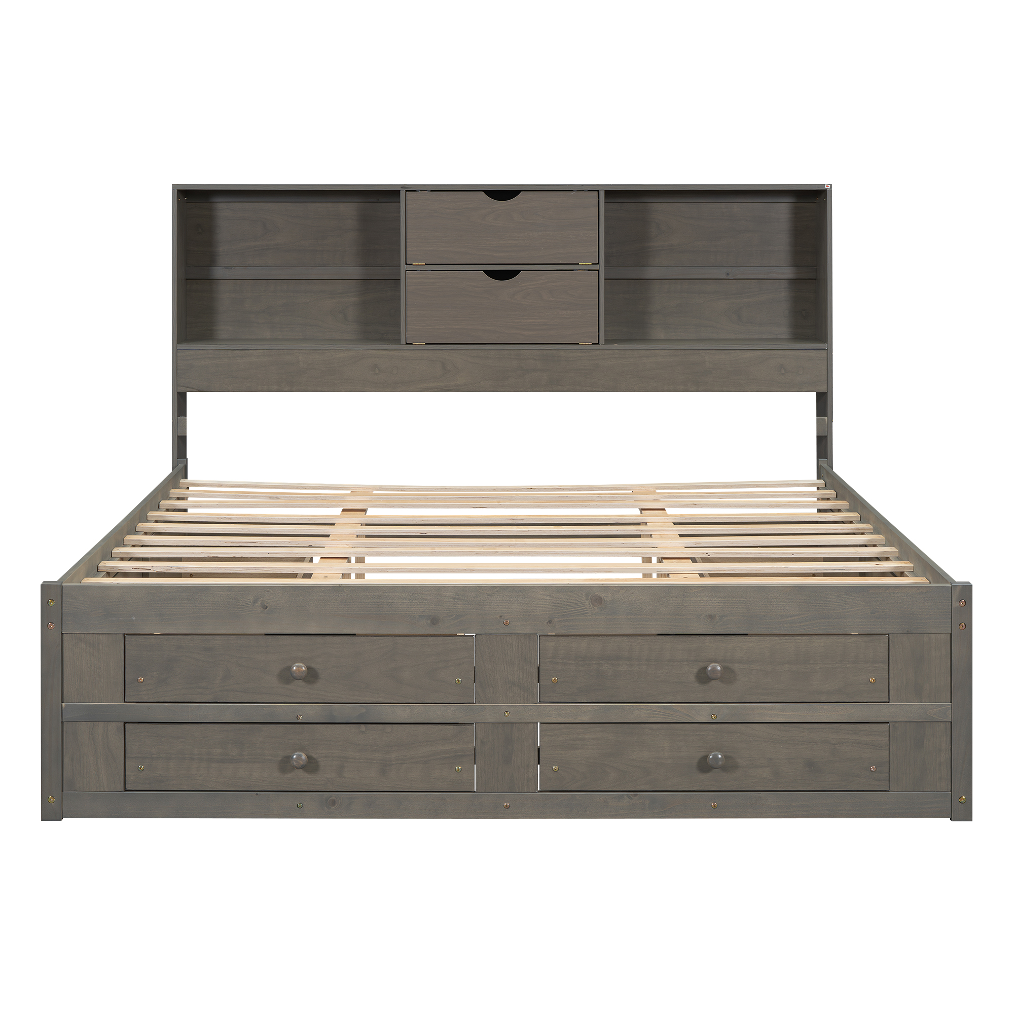 Queen/King Size Platform Bed with Storage Headboard and 8 Drawers, White/Gray